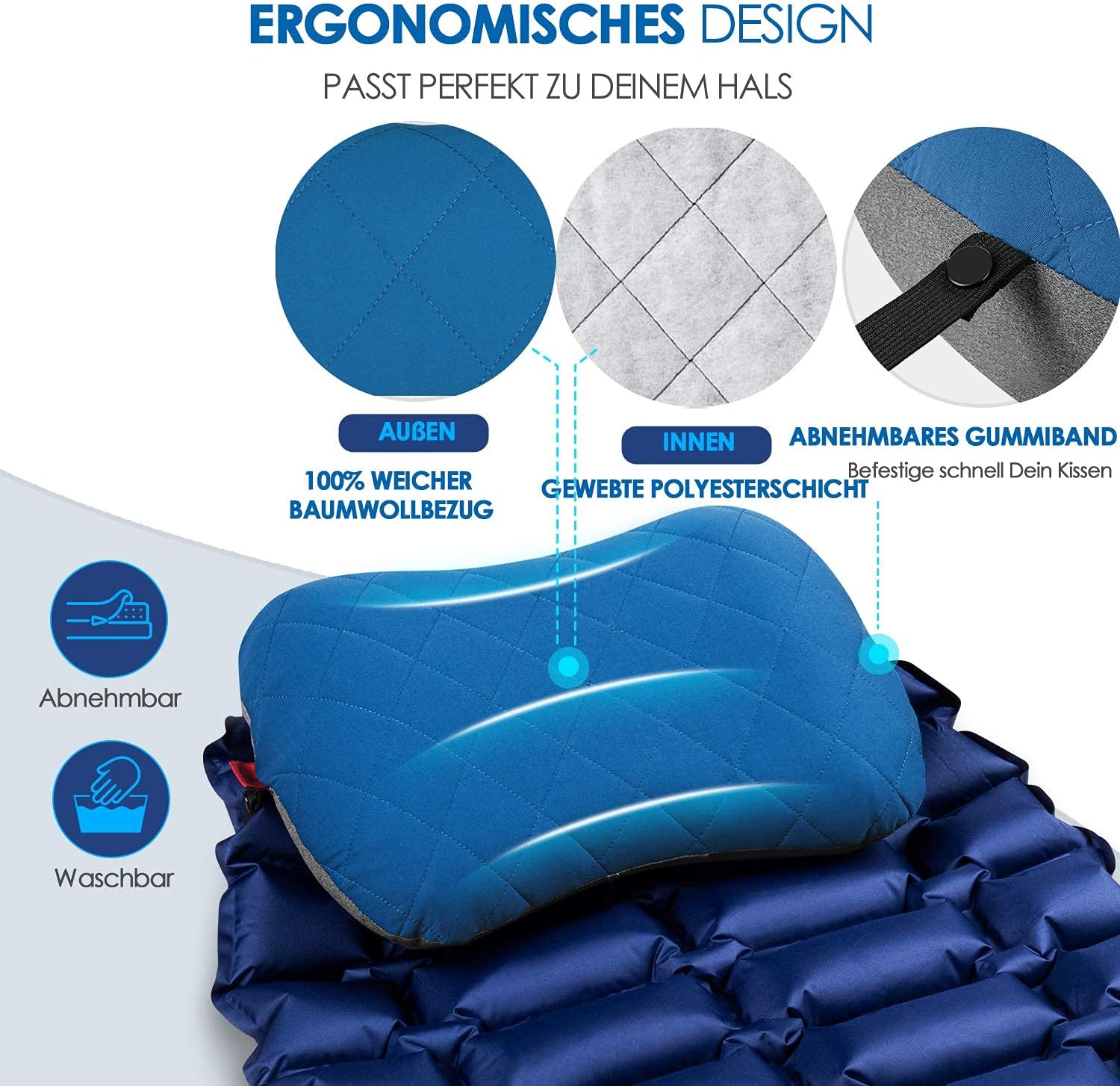 Detalle de HIKENTURE Aufblasbares Camping- & Reisekissen mit abziehbarem Kissenbezug (blau) – One Size