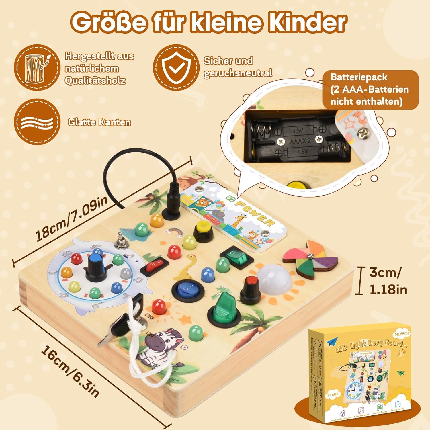 Thumbnail 6 de MILFECH Montessori Busy Board aus Massivholz – Aktivitätsbrett mit 10 Schaltern und 17 LEDs