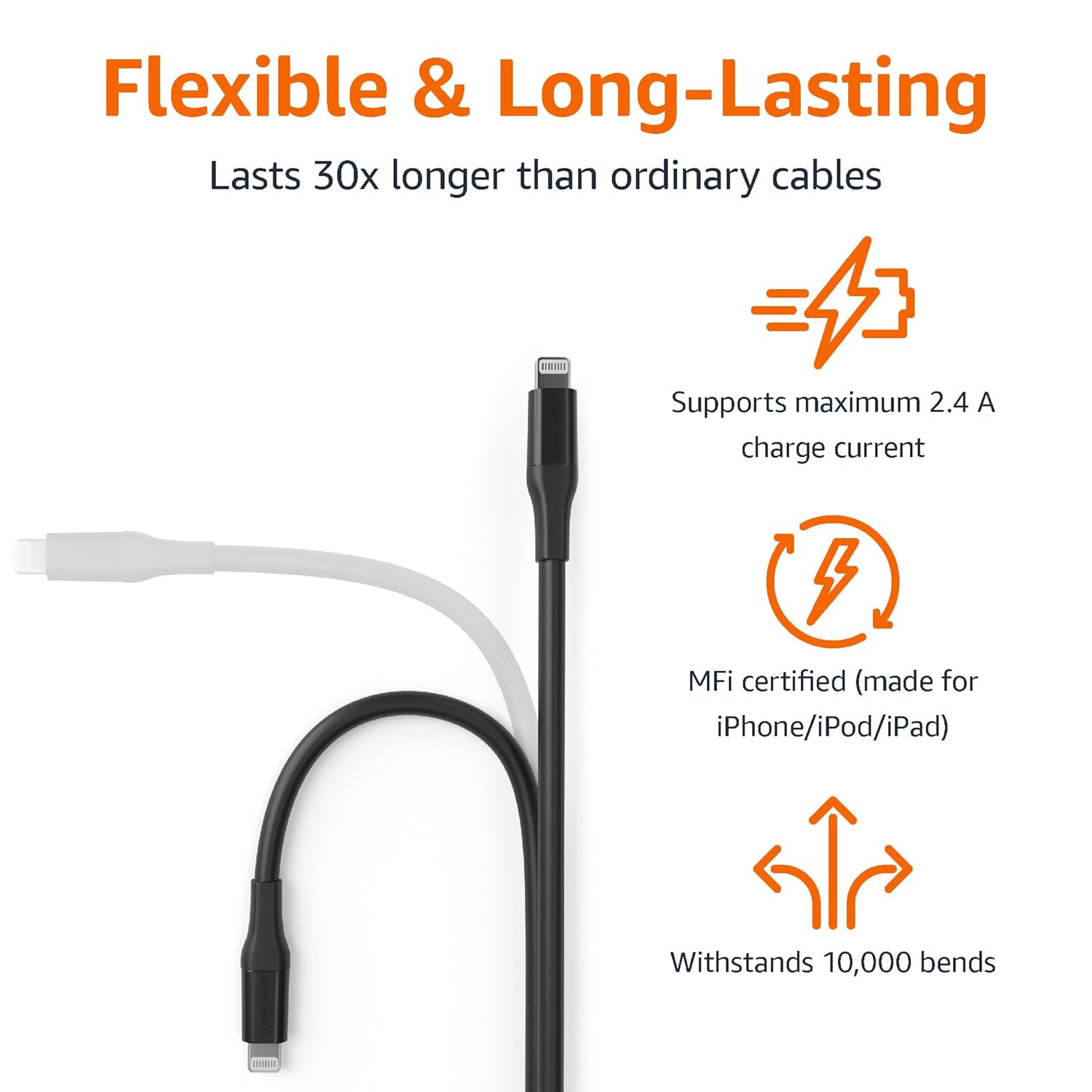 Detalle de Amazon Basics USB 2.0 Type-C to Lightning Cable (MFi Certified), 3 m, Black