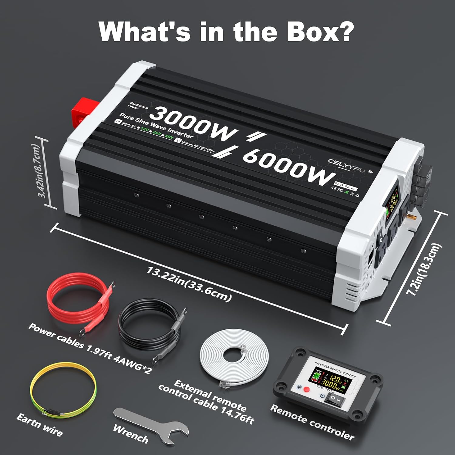 Thumbnail 6 de 3000W Pure Sine Wave Inverter: 12V DC to 110V AC with Dual LCD Remote, USB-C, and 3 Outlets for RV/Off-Grid