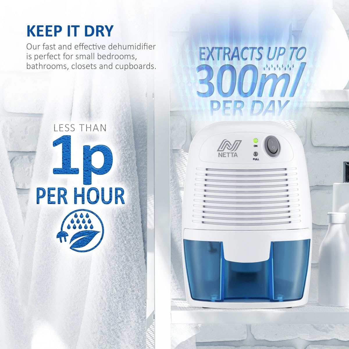 Thumbnail 1 de NETTA Mini Air Dehumidifier (Blue) – 500ml portable damp & mould dehumidifier for small rooms