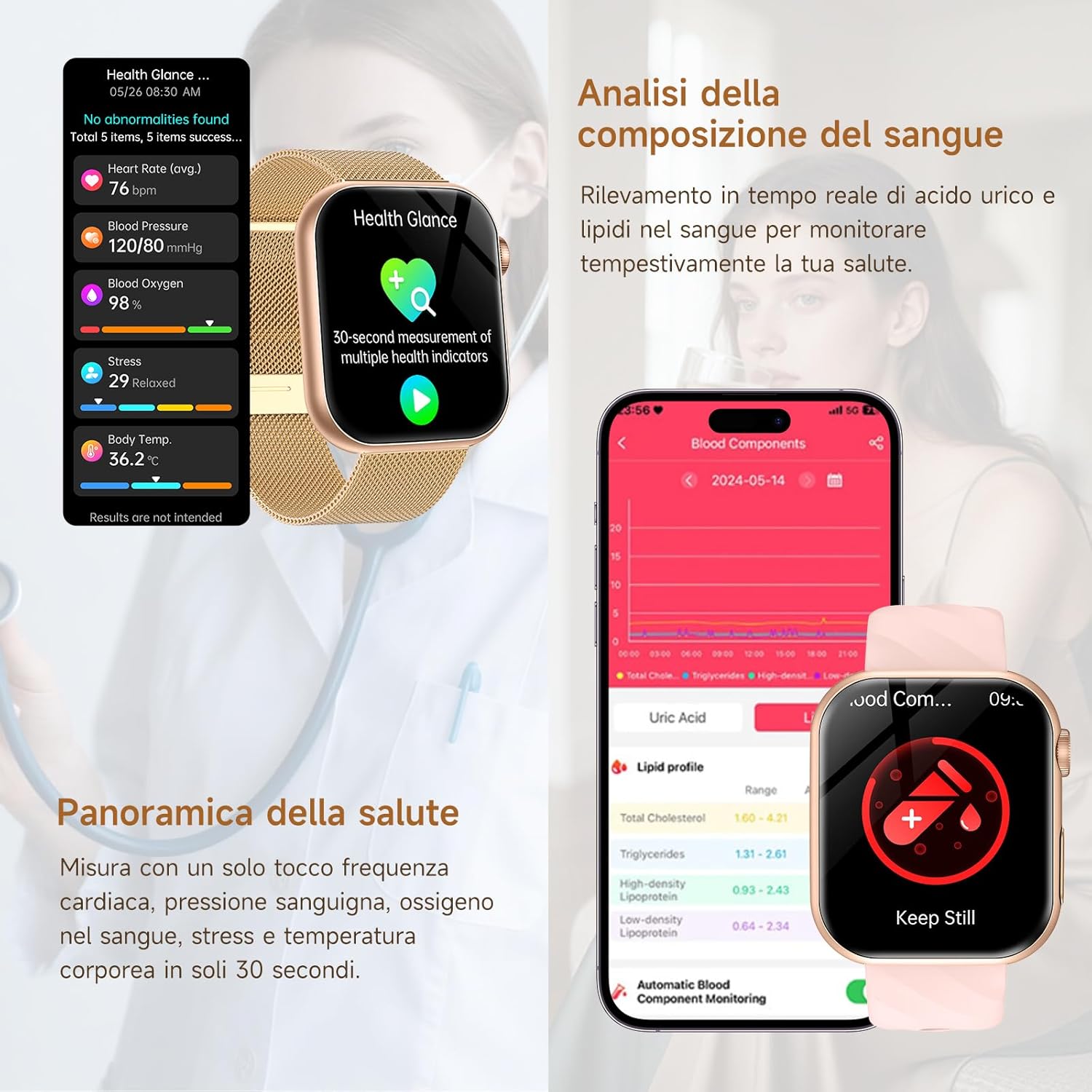 Thumbnail 3 de Smartwatch Donna 2026 con ECG (60s), Glucemia, HRV, Acido urico, Sonno e AMOLED 1,97”