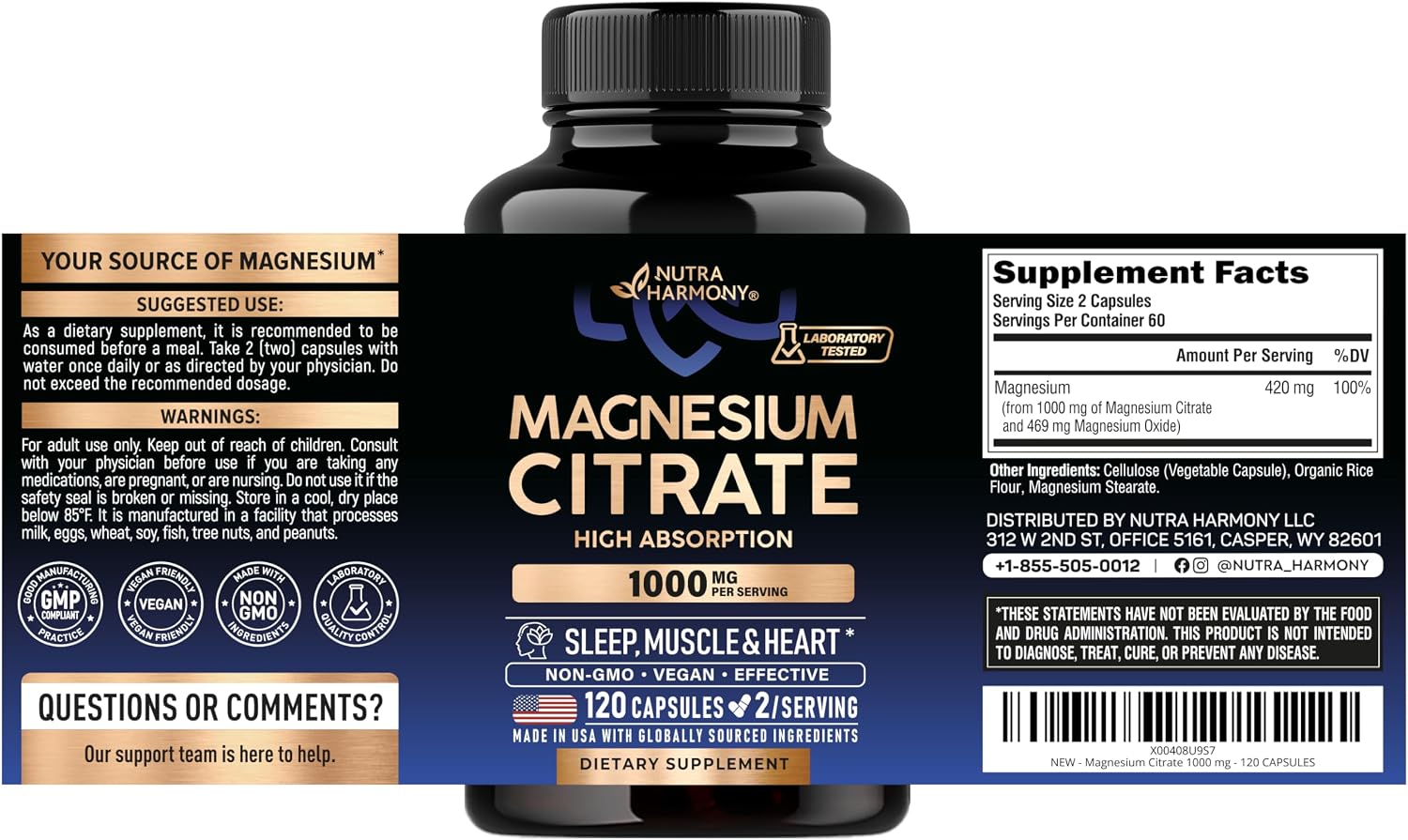 Detalle 2 de NUTRAHARMONY NH-MGCTRTCPS120 Magnesium Citrate Capsules, 1,000 mg, Vegan