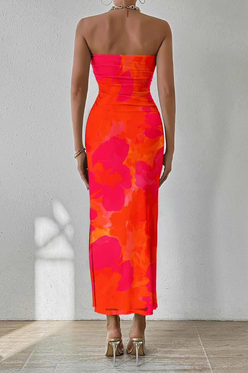 Thumbnail 1 de PRETTYGARDEN Strapless Floral Mesh Maxi Bodycon Dress for Wedding Guests