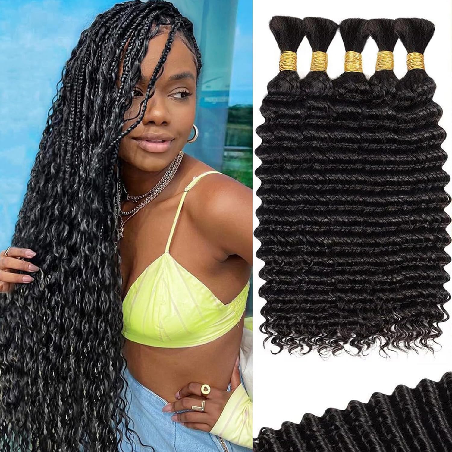 Detalle de Human Braiding Hair for Boho Braids 200g 22 Inch Curly Water Wave Bulk, 5 Bundles/Pack