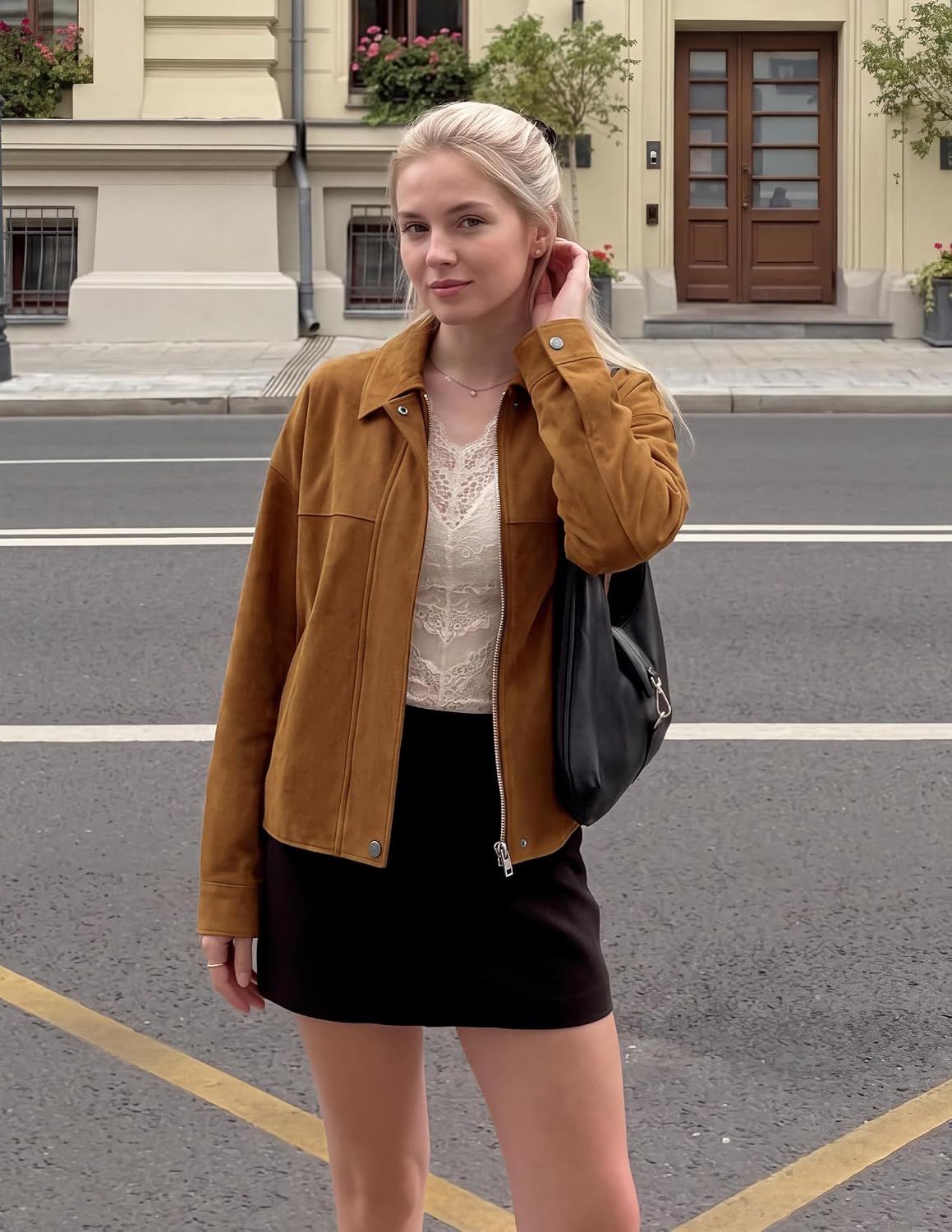 Detalle 2 de PRETTYGARDEN Faux Suede Cropped Jacket