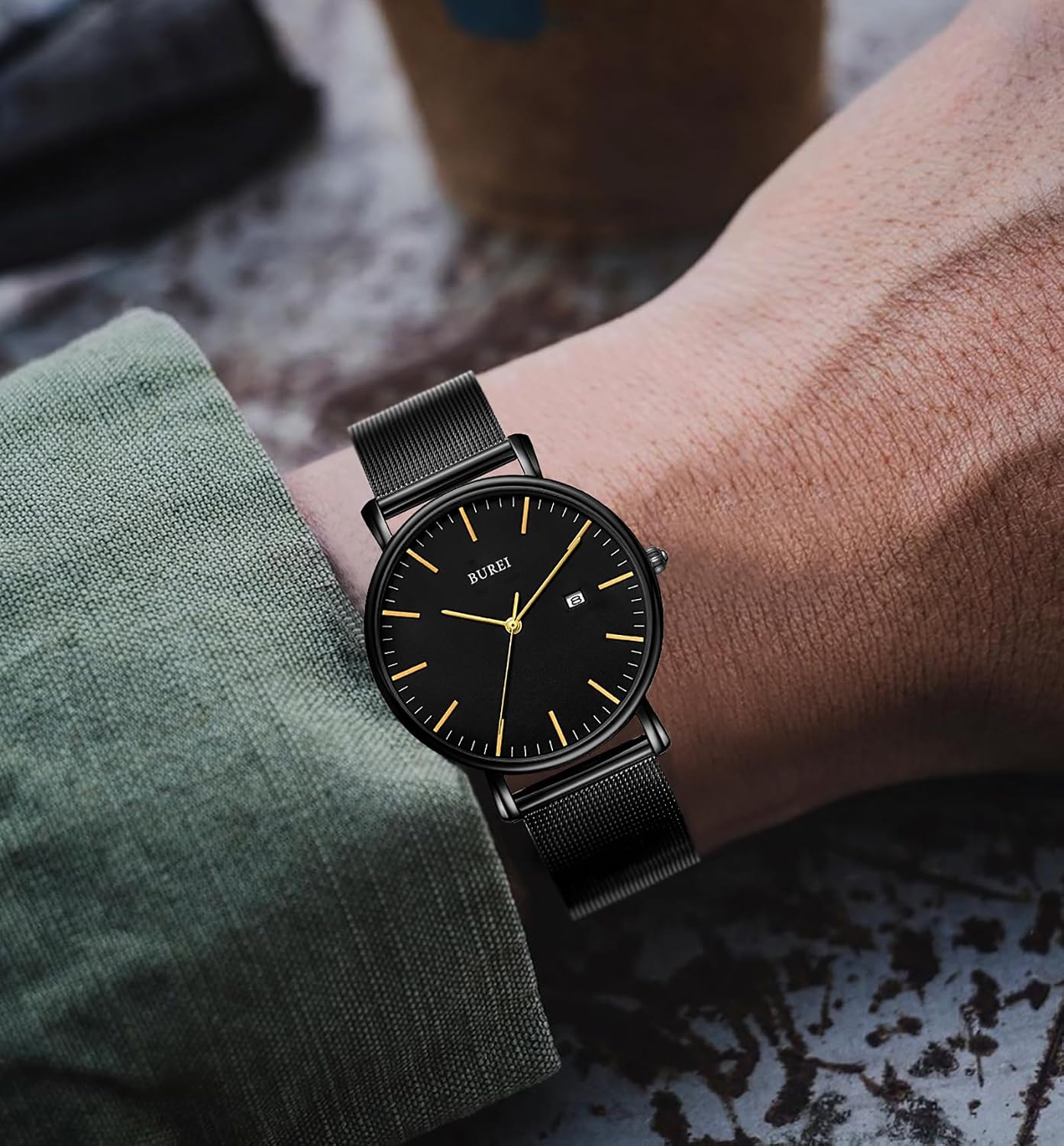 Detalle 2 de BUREI Ultra Dünne Herrenuhr mit Datum
