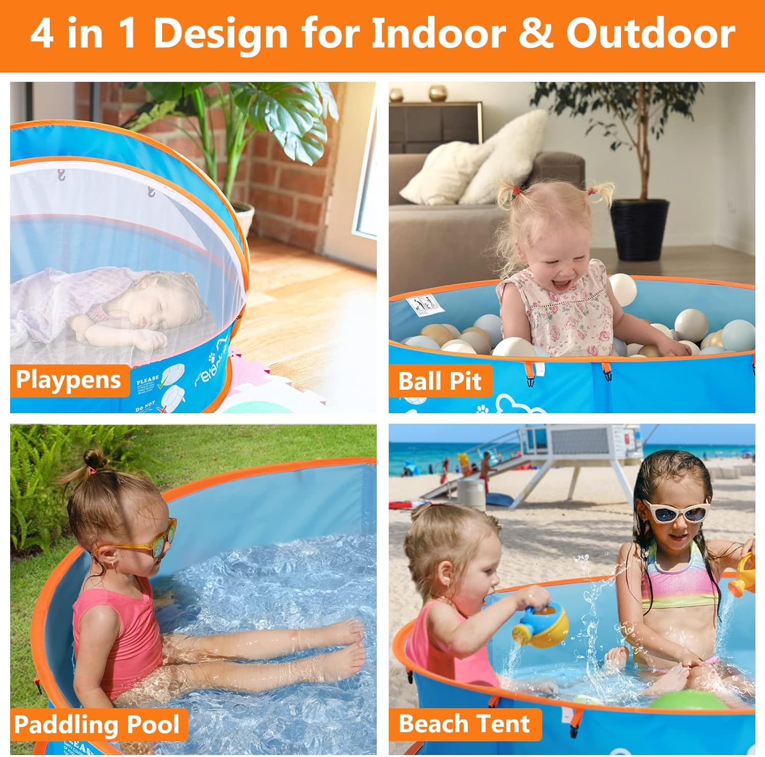 Thumbnail 1 de Peradix 4-in-1 Pop Up Paddling Pool & Ball Pit Tent with UV Canopy and Mosquito Net