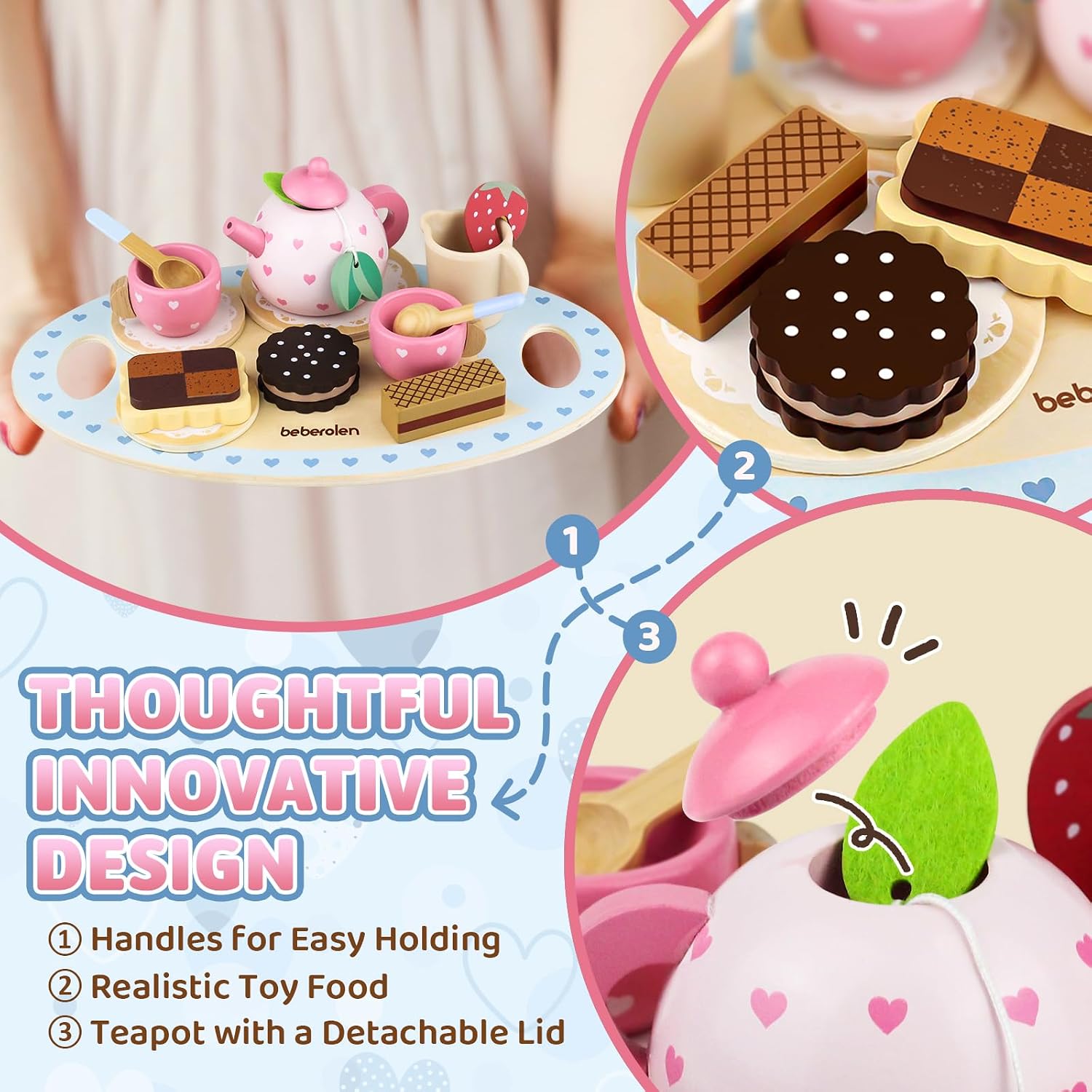 Detalle de Beberolen Sweetheart Tea Party Set – teservis i trä med tekanna och tillbehör