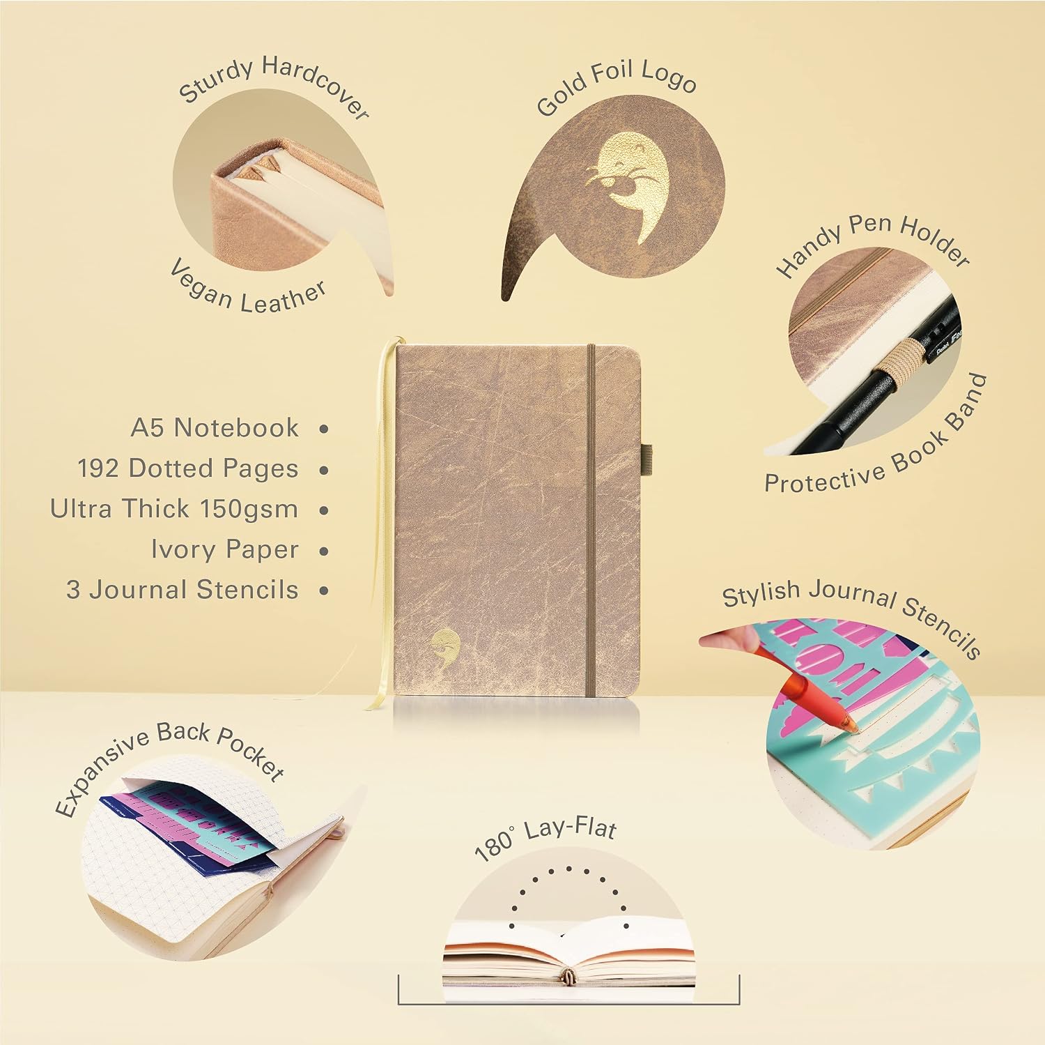 Thumbnail 1 de The Classic Bullet Dotted Journal (Brown Leather) – A5, 192 pages, 150gsm with stencil kit