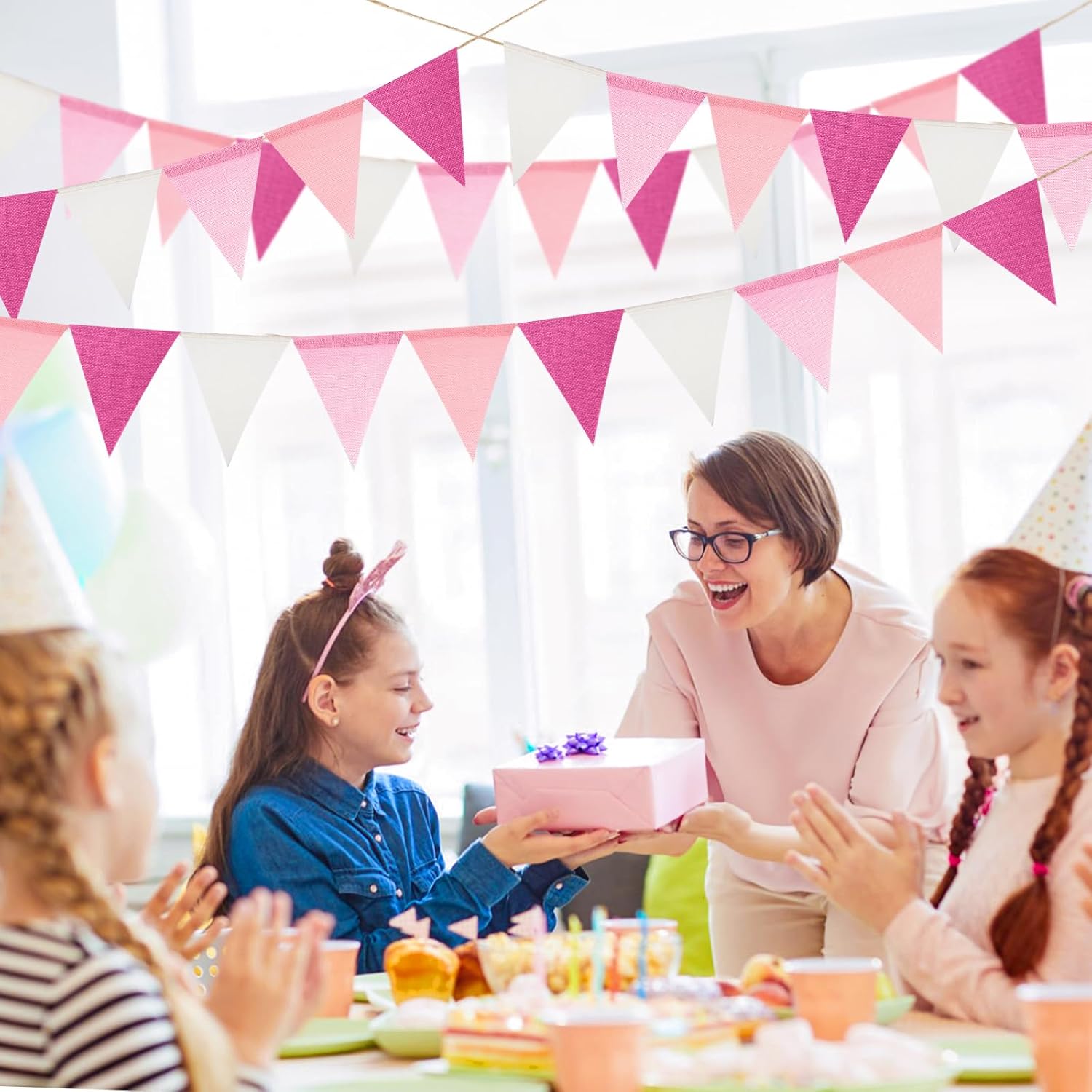 Detalle de jijAcraft 36PCS Pink Burlap Bunting with 12M Pre-strung Hessian Banner