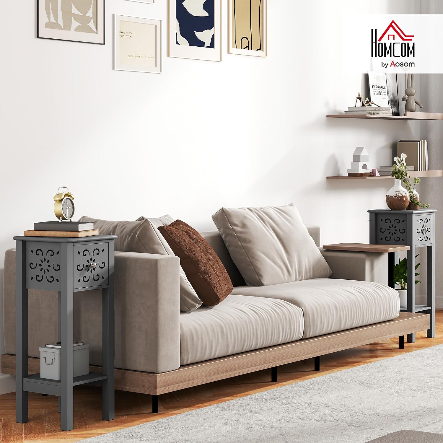 Detalle 2 de HOMCOM 83B-178V80GY Side Table Set of 2, Grey, Floral Cut-Out, Drawer & Shelf