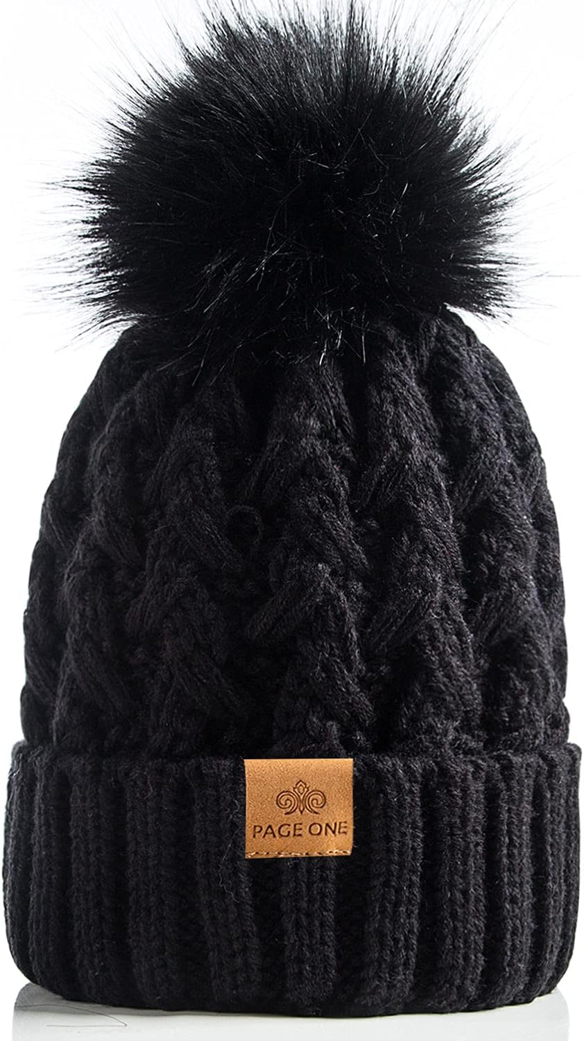 Detalle de PAGE ONE Womens Ribbed Cable Knit Beanie Pom Pom