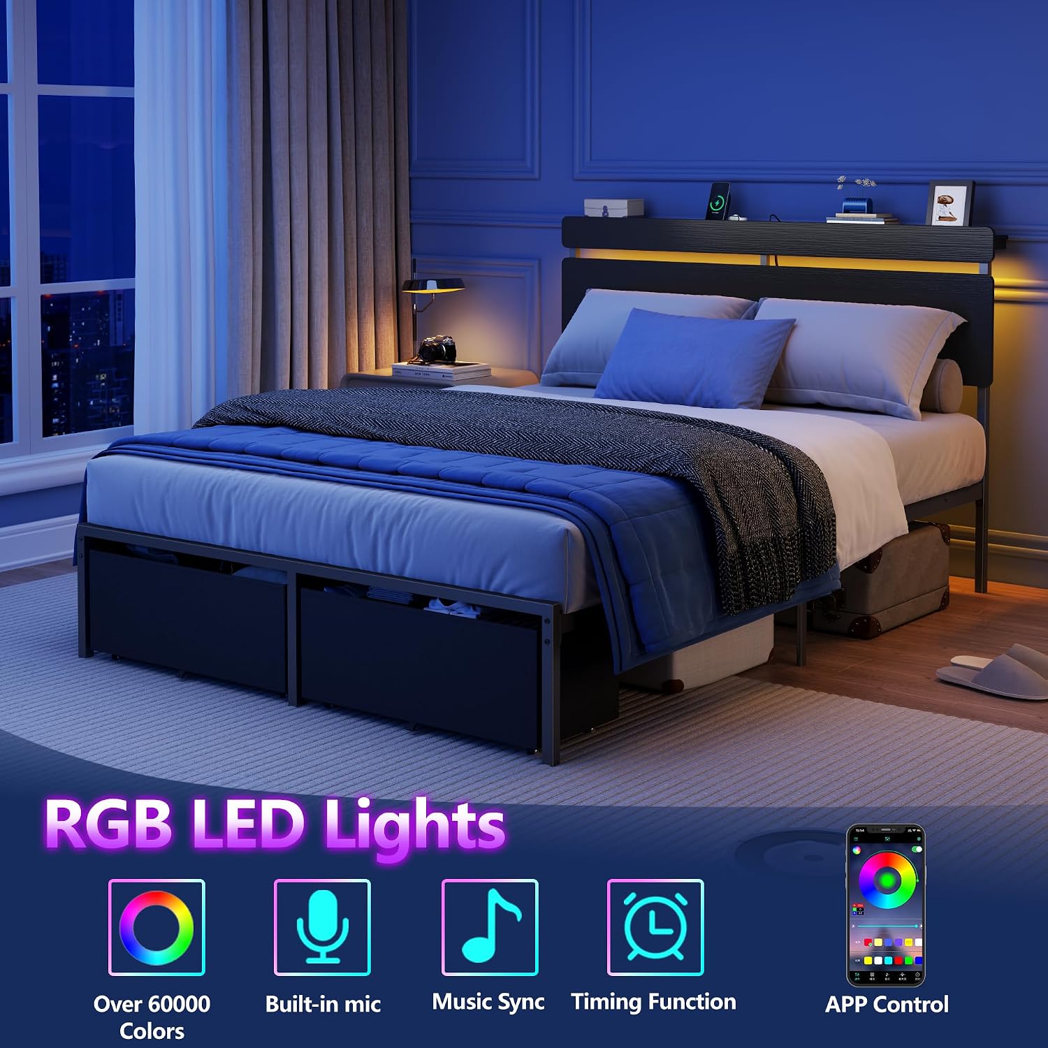 Detalle 2 de Forestell Full Size Bed Frame with Wood Headboard, Storage, RGB LEDs and USB-C