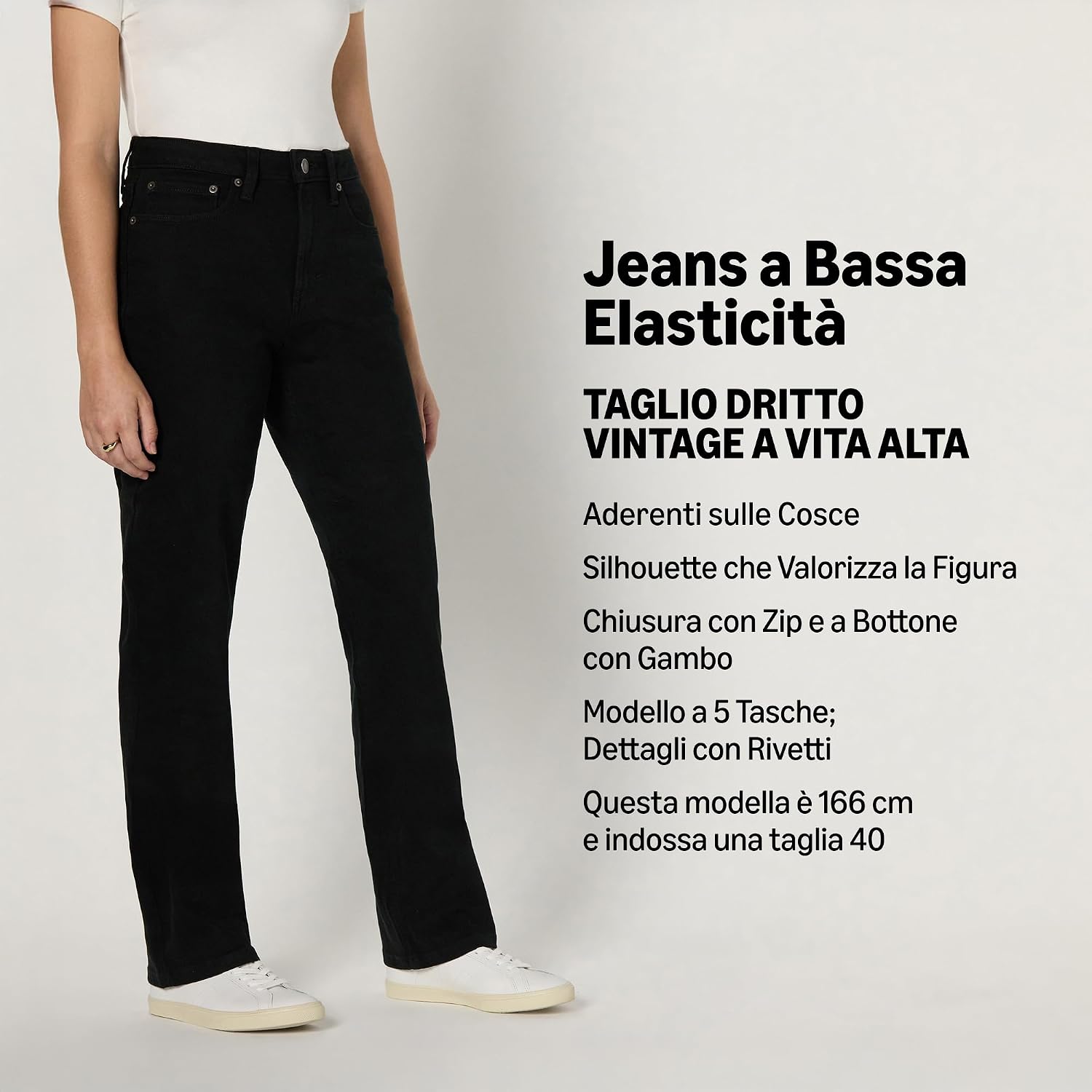 Detalle 2 de Amazon Essentials Jeans a Vita Alta a Gamba Dritta Donna, Nero, Corto 42-44