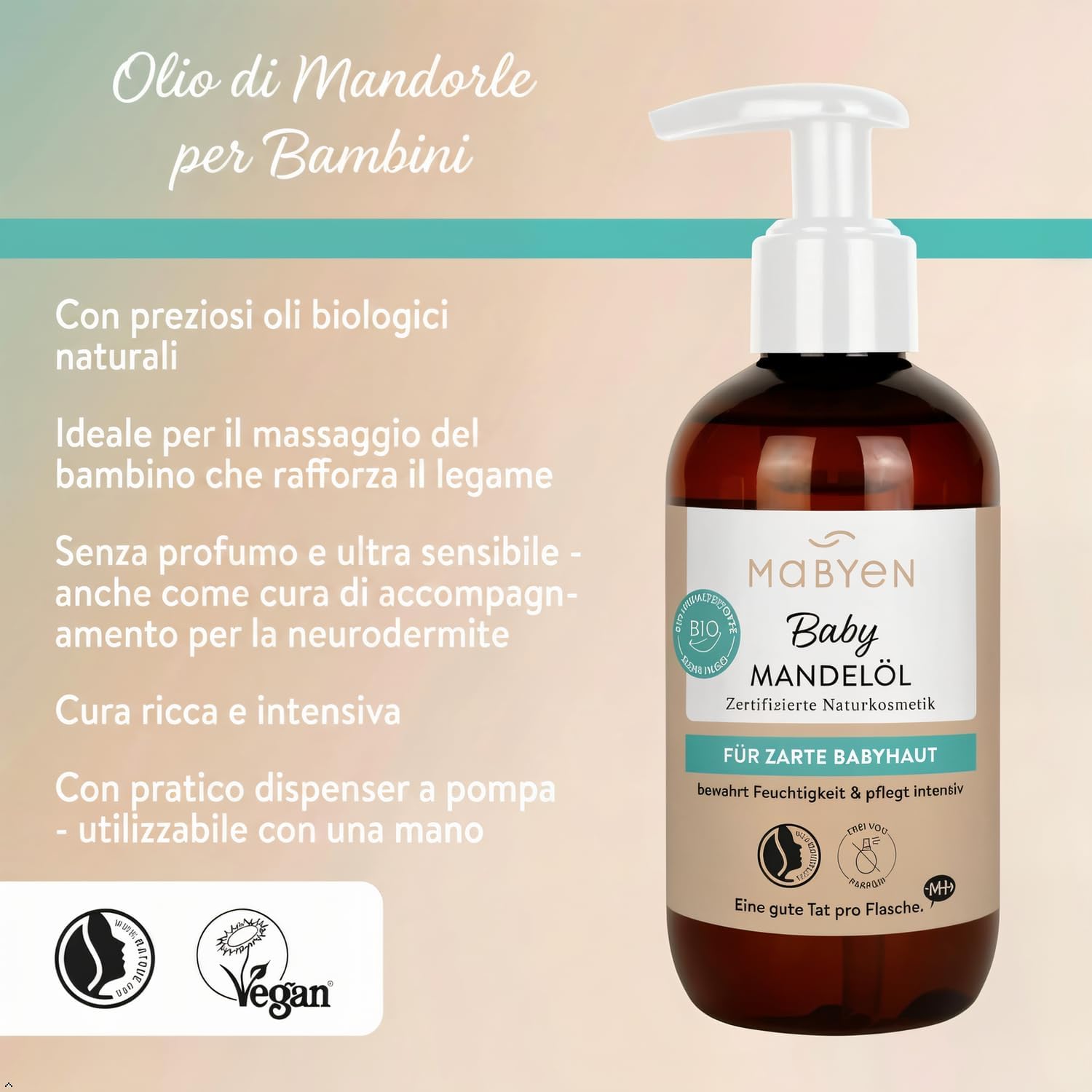 Detalle 2 de MABYEN Olio di Mandorle Bio per Bambini 200 ml – Vegano, Senza Profumo, olio da massaggio