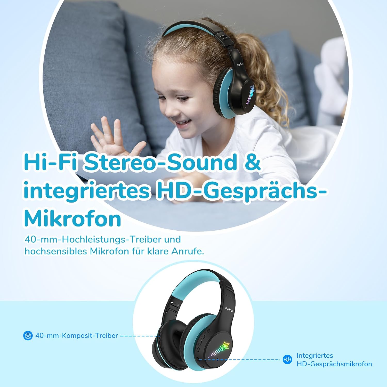 Detalle 2 de EarFun Kinder Bluetooth-Kopfhörer mit 90 Std