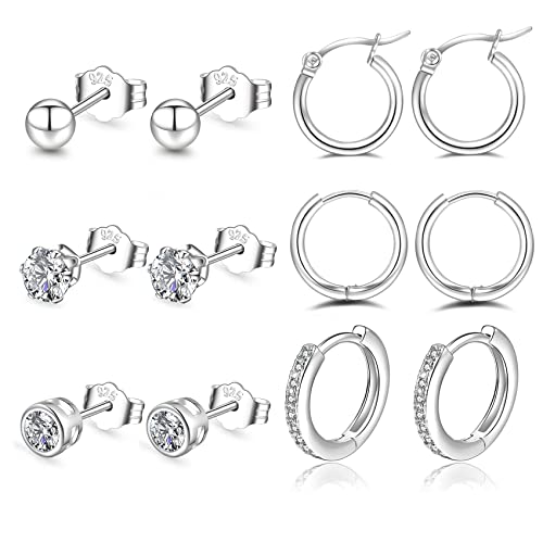 Detalle de PABBEU Silver Hoops Earrings for Women – 6 Pairs of 925 Sterling Silver with Cubic Zirconia