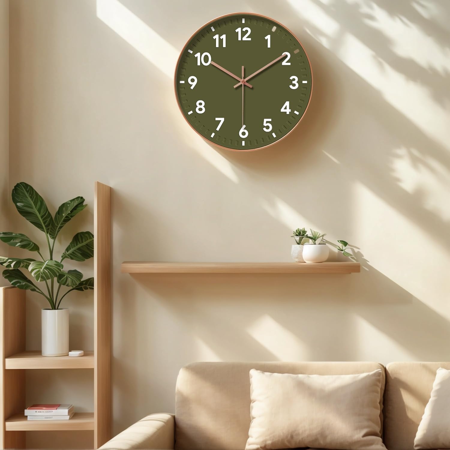 Detalle 2 de COMTEX Minimally Modern Olive Green Wall Clock (12 inch) – Quiet Quartz Living Room Clock