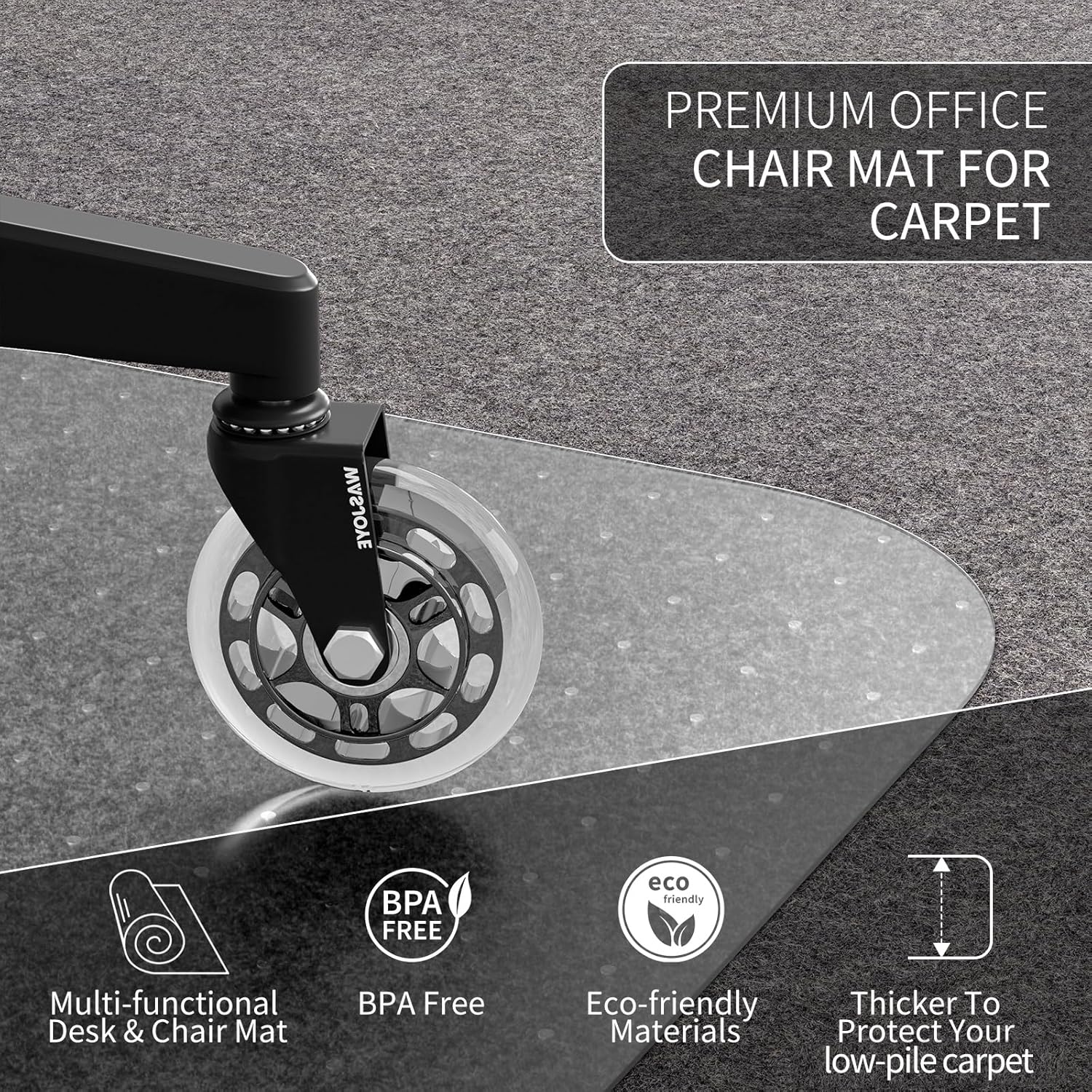 Thumbnail 4 de WASJOYE Office Chair Mat Carpet 90x120 cm – Transparent PVC Carpet Protector for Low-Pile Carpets