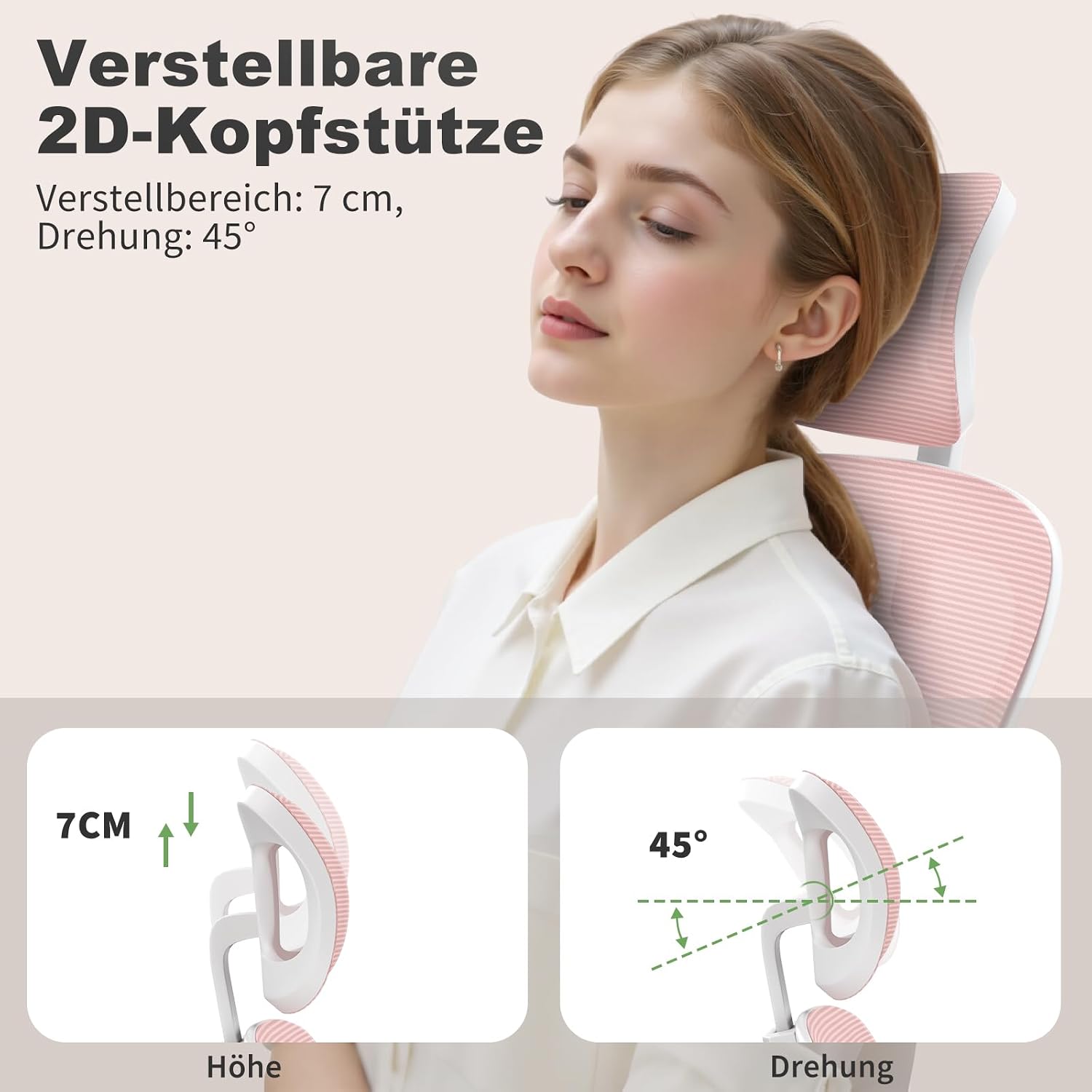 Detalle de naspaluro Ergonomischer Schreibtischstuhl Rosa – Kompakter Drehstuhl mit Kopfstütze und hochklappbaren Armlehnen