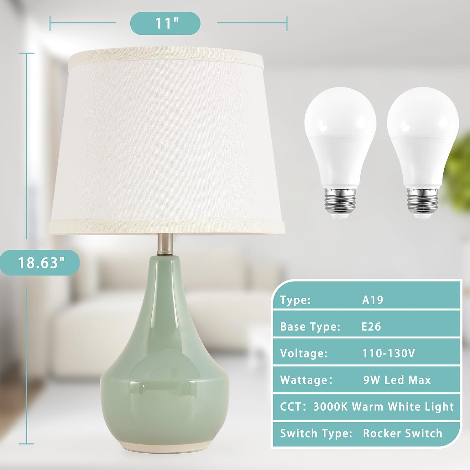 Detalle 2 de GyroVu T00173 Ceramic Table Lamp Set of 2, Sage Green, Rocker Switch