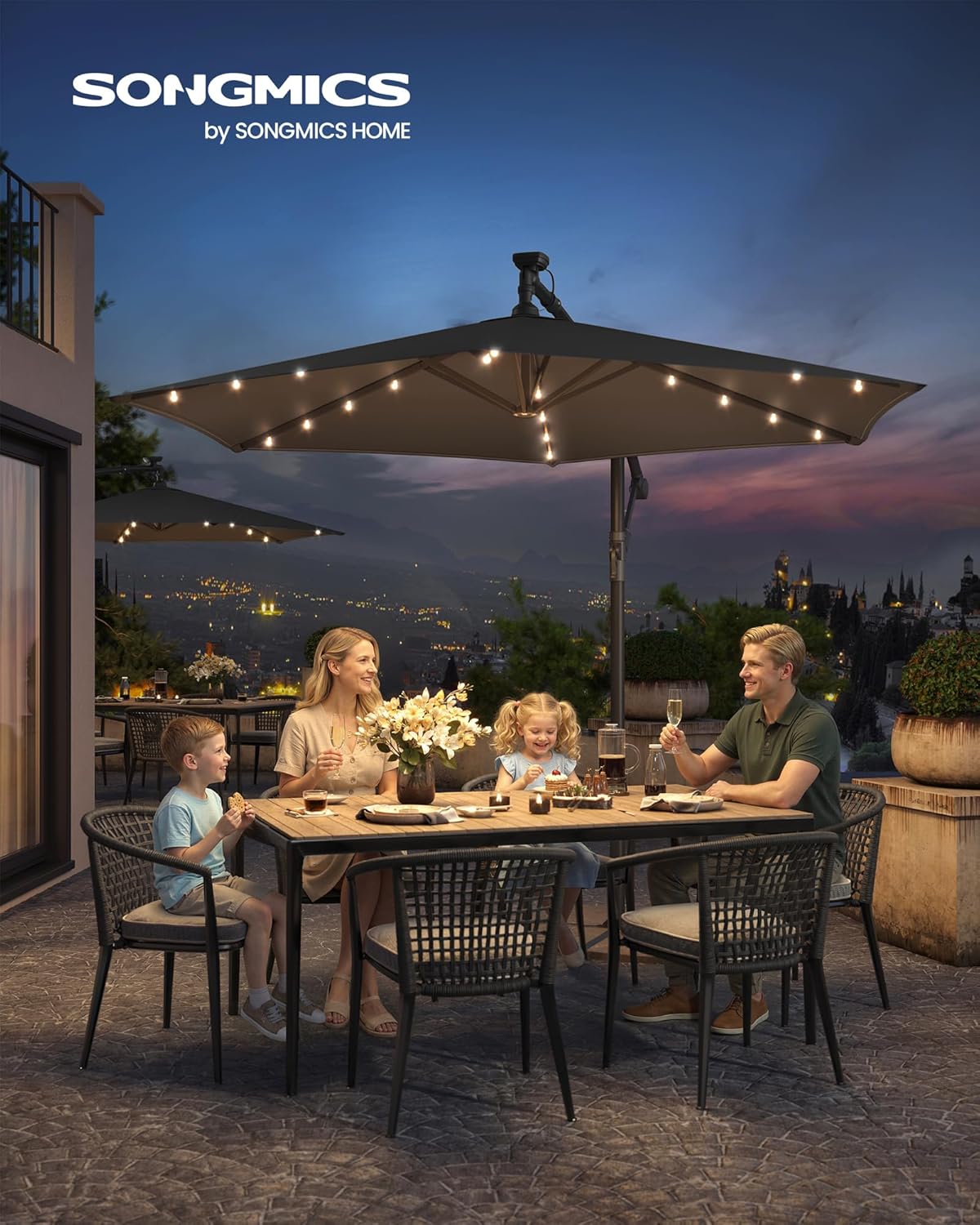 Detalle 2 de SONGMICS Ampelschirm mit LED-Solar-Beleuchtung, 300 cm Durchmesser, Grau – GPU118G01