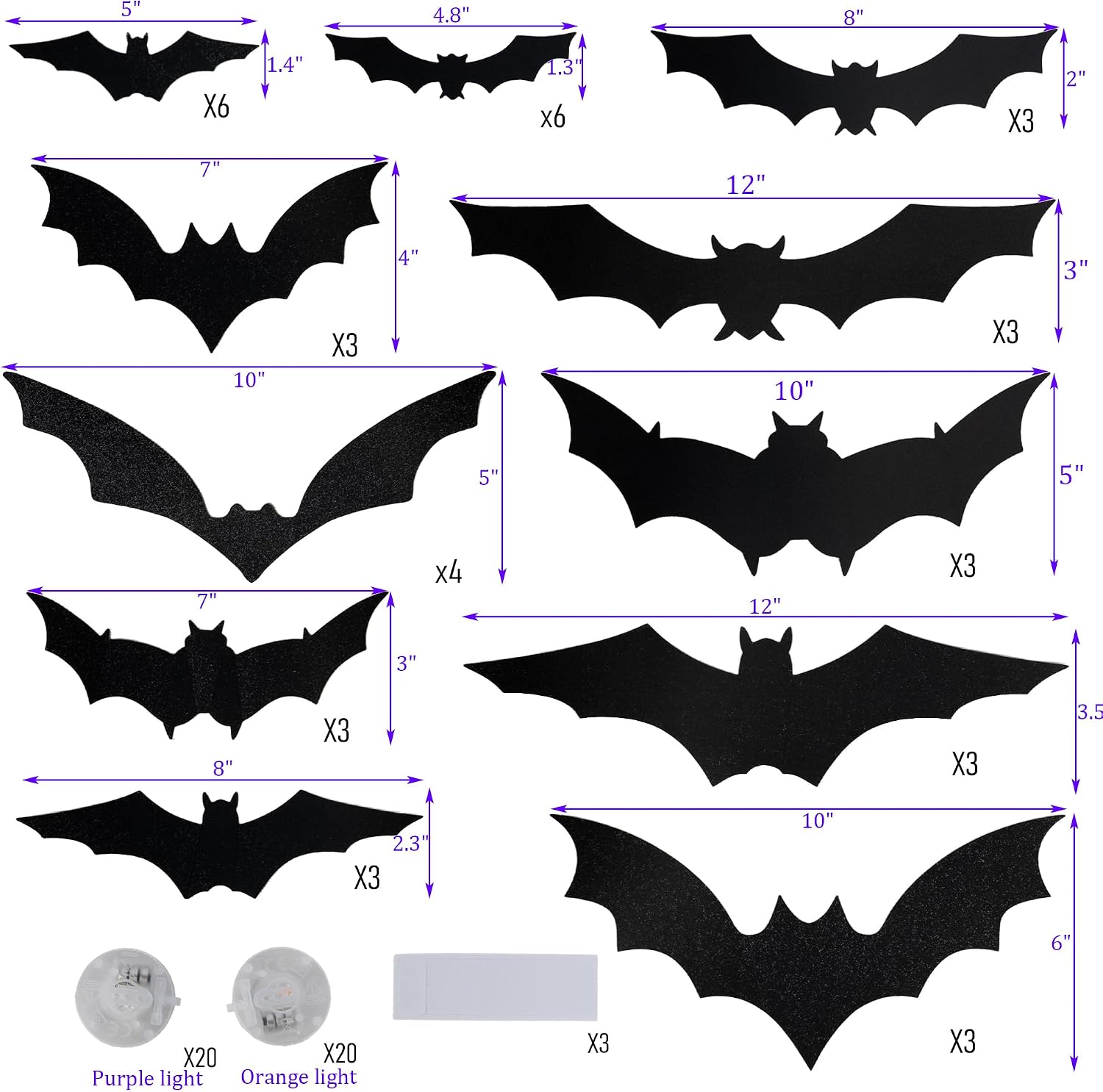 Detalle 2 de TW SHINE 3D Halloween Bat Wall Stickers with Purple and Orange LED Lights