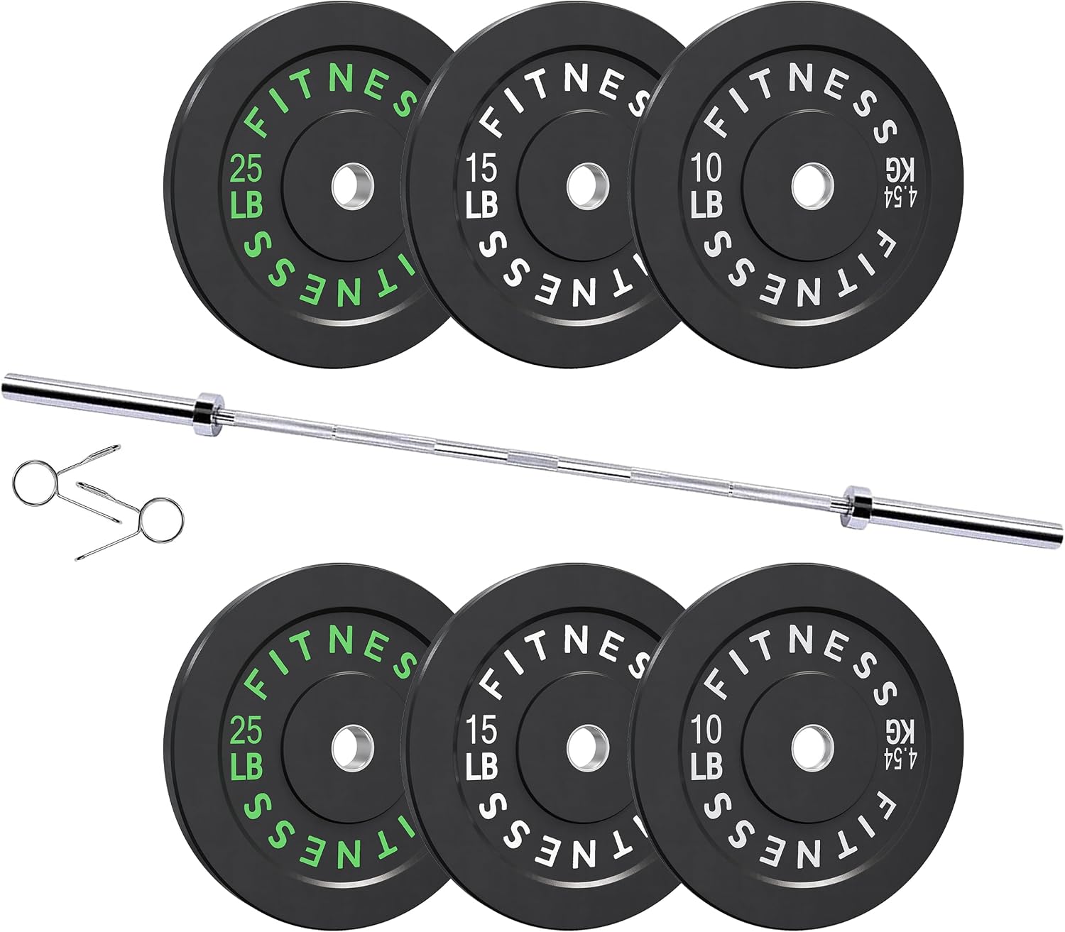 Detalle de HULKFIT HFCLR100SETBAR Olympic Bumper Plate Set with 7ft Bar, 100–390 lb