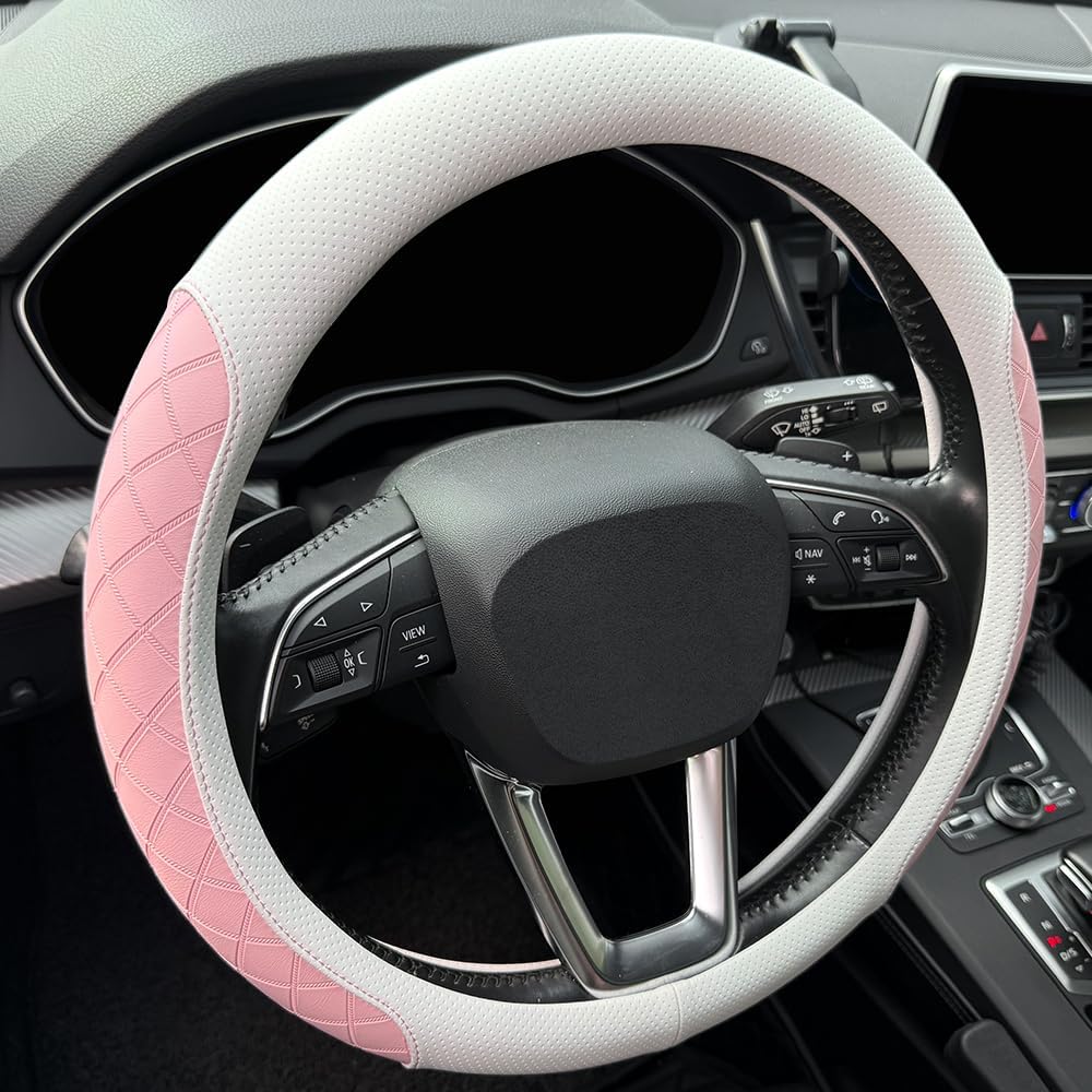 Thumbnail 5 de LKWLIKEI Nappa Leather Steering Wheel Cover with Diamond Checkered Design (White & Pink) — Fits 14.5–15 in
