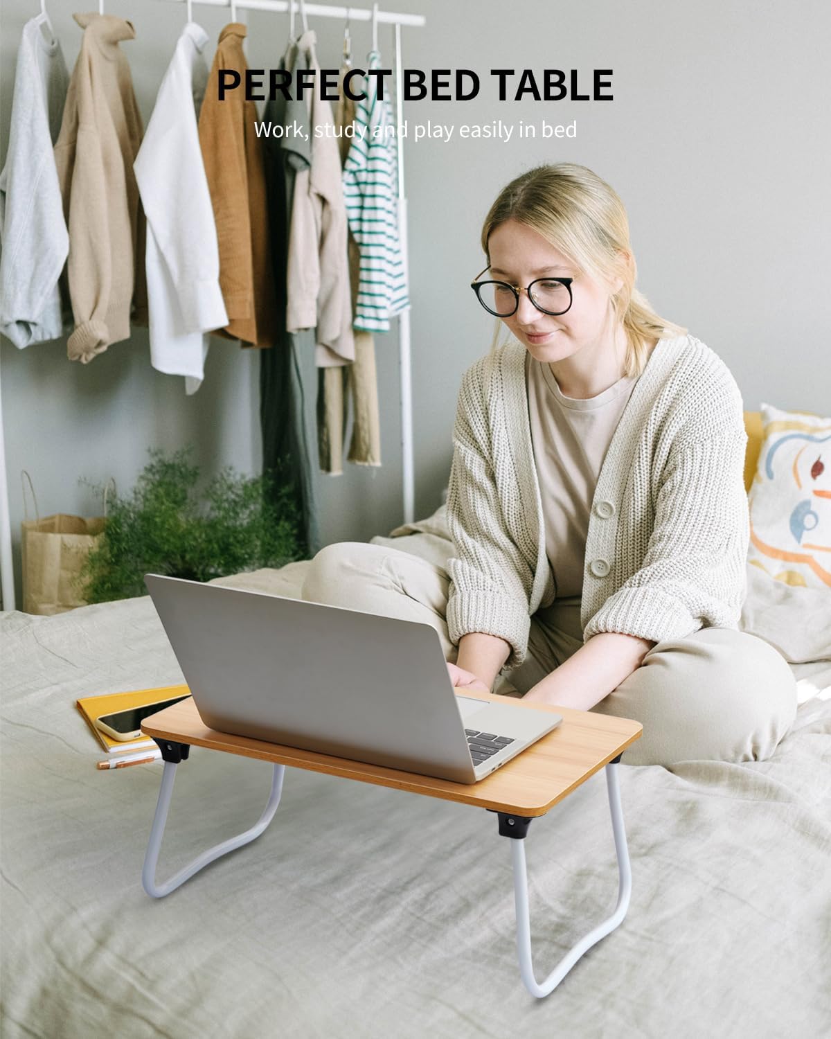 Detalle de Ruxury Foldable Wood Lap Desk, 44.5 cm Wide Portable Bed Tray