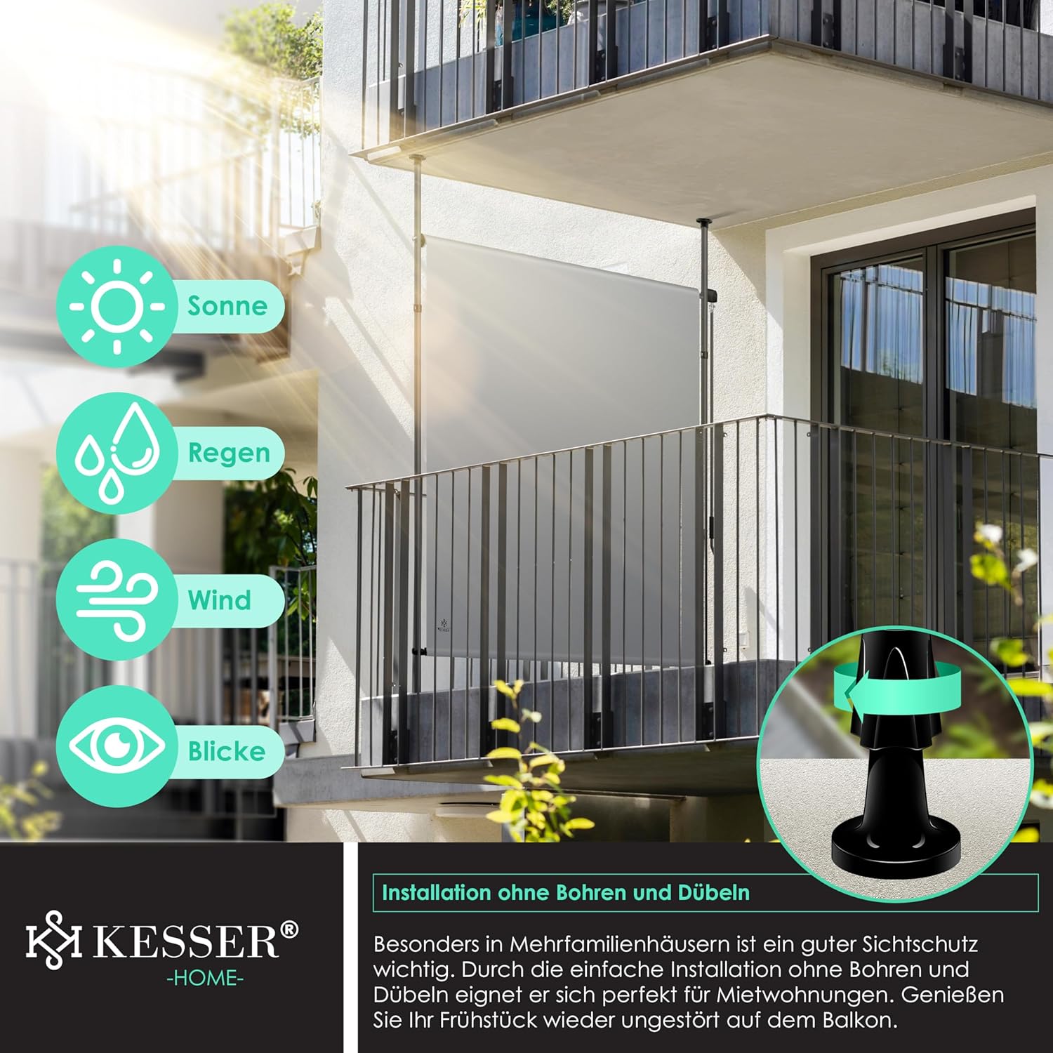Thumbnail 3 de KESSER Klemmmarkise 120x310 cm – wetterfester Sichtschutz für Balkon und Garten (Grau)