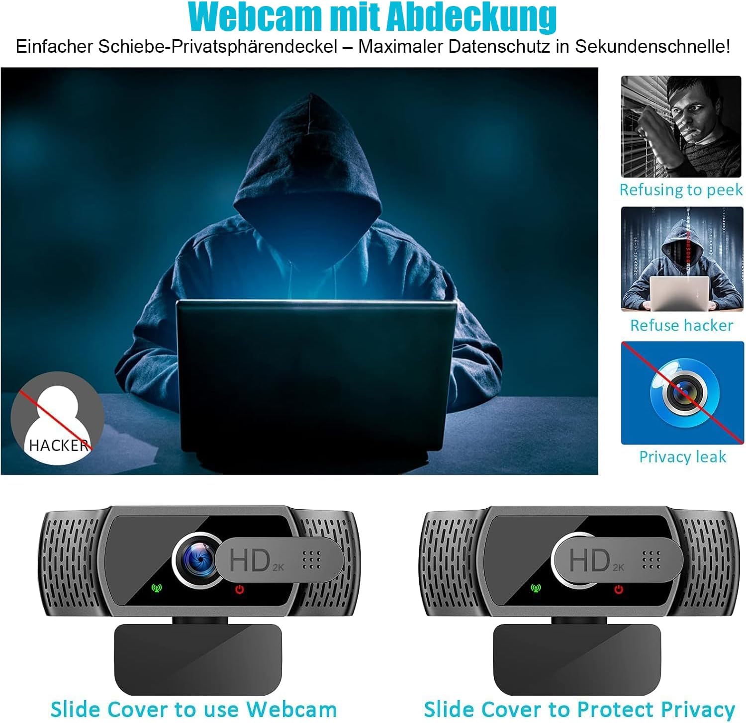Thumbnail 5 de neefeaer 2K Full HD Webcam mit Mikrofon, Stativ & automatischer Lichtkorrektur