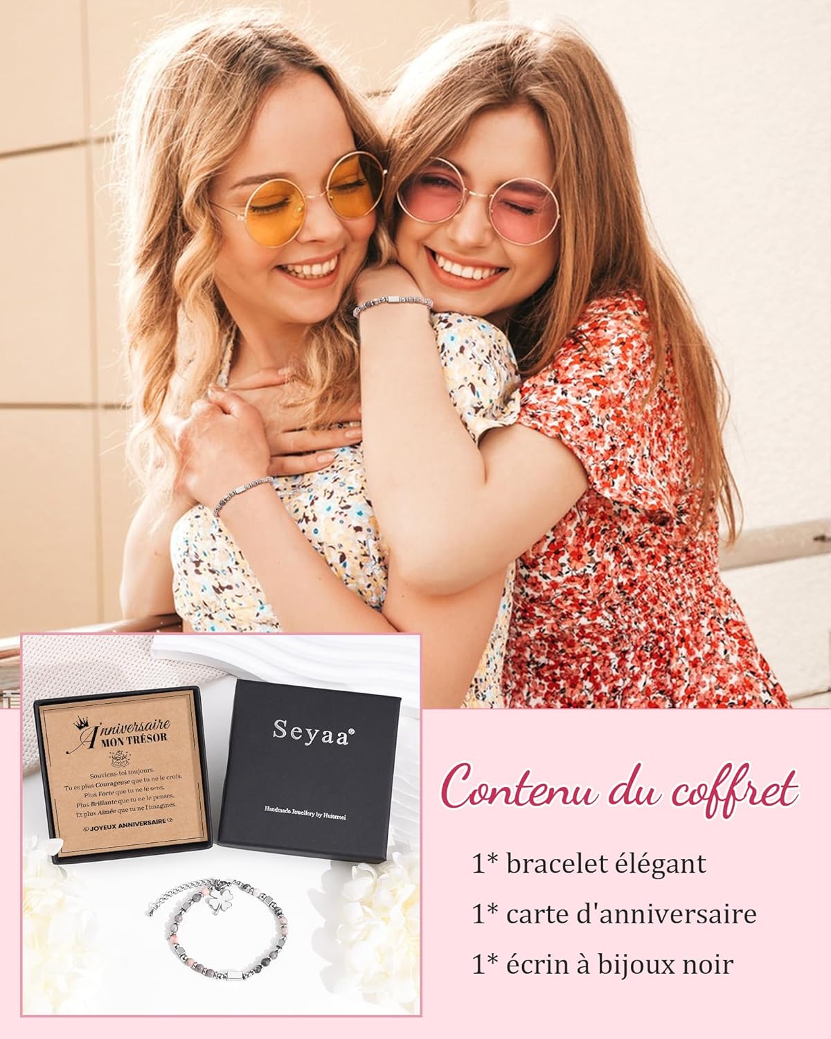 Thumbnail 3 de Bracelet personnalisé en pierre naturelle rose Seyaa Cadeau anniversaire fille (trèfle à 4 feuilles, cœur/croix)