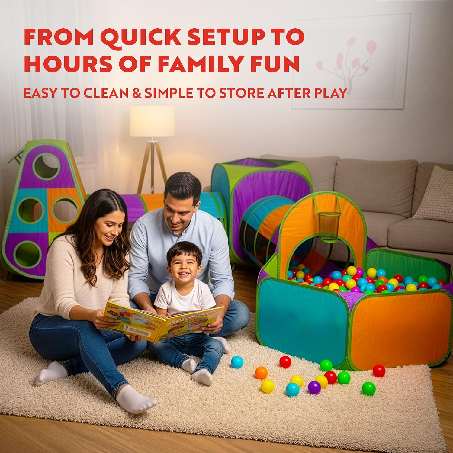Detalle 2 de Playz 5-Piece Kids Pop Up Play Tent, Crawl Tunnel, Ball Pit, and Basketball Hoop Set