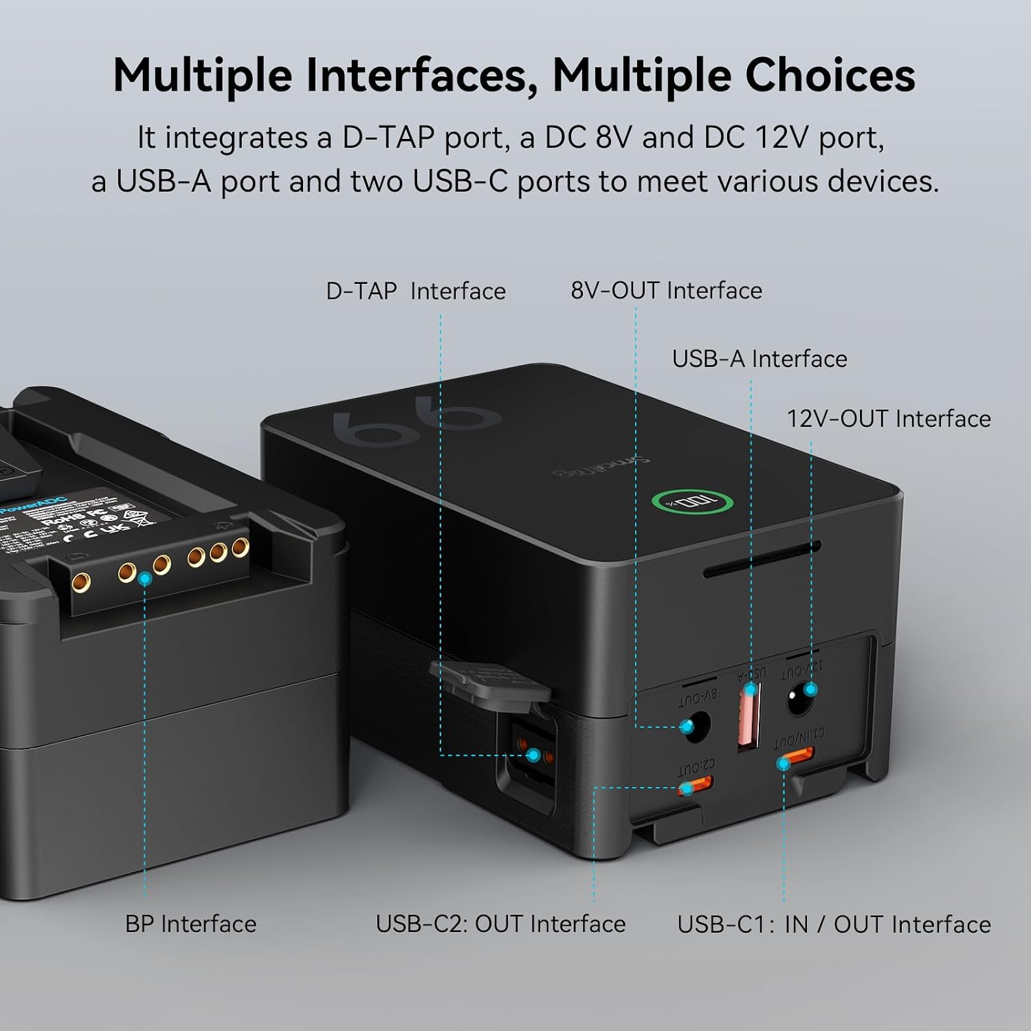 Detalle 2 de SmallRig Mini Batteria V-Mount VB99 Pro (4292) con USB-C PD fino a 100 W, D-TAP e uscite DC