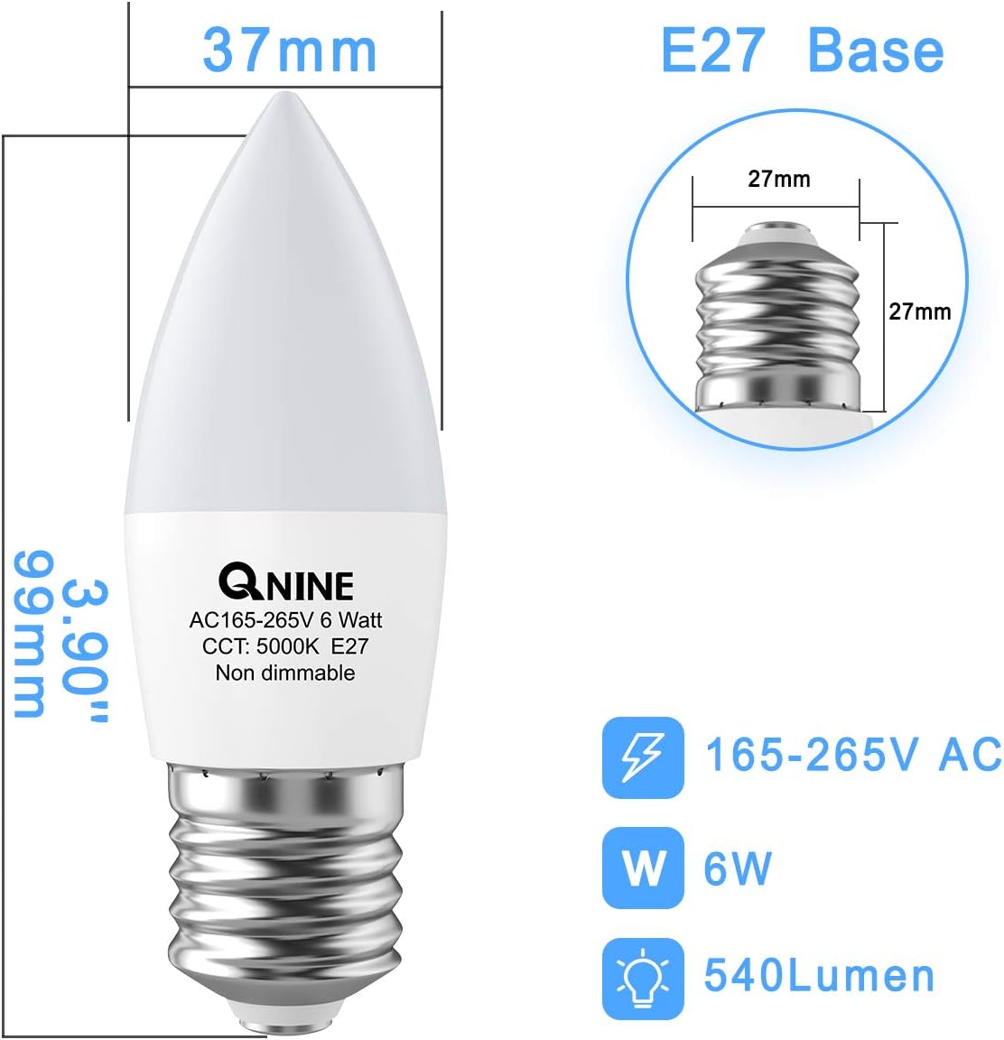 Detalle de QNINE 12-Pack Cool White E27 LED Candle Bulbs, 6W (60W Equivalent), 540lm, 5000K, Non-Dimmable