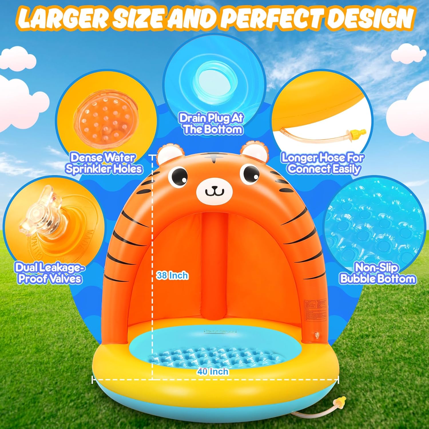 Detalle de COOLJOYA Planschbecken Wasserspielzeug für Kinder – 110 × 84 × 26 cm mit Tiger-Design