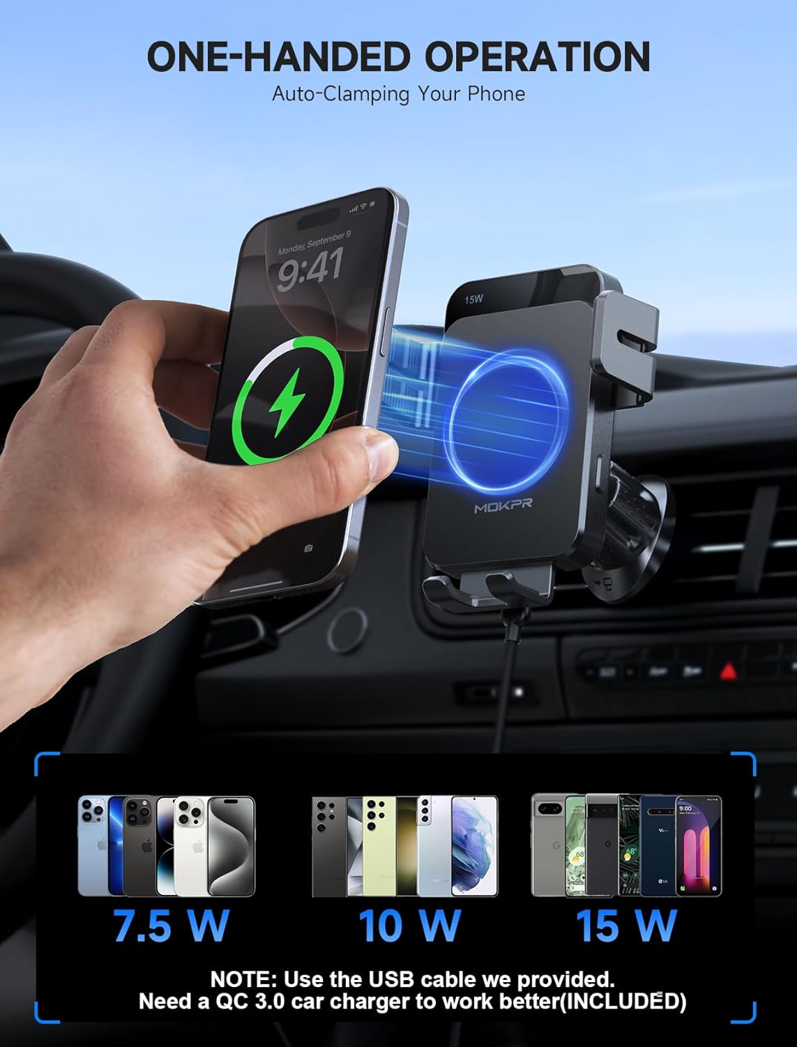 Thumbnail 2 de MOKPR Car Phone Holder Wireless Charger (15W) with Auto-Clamping and Vent/Dash/Windshield Mount, Deep Grey