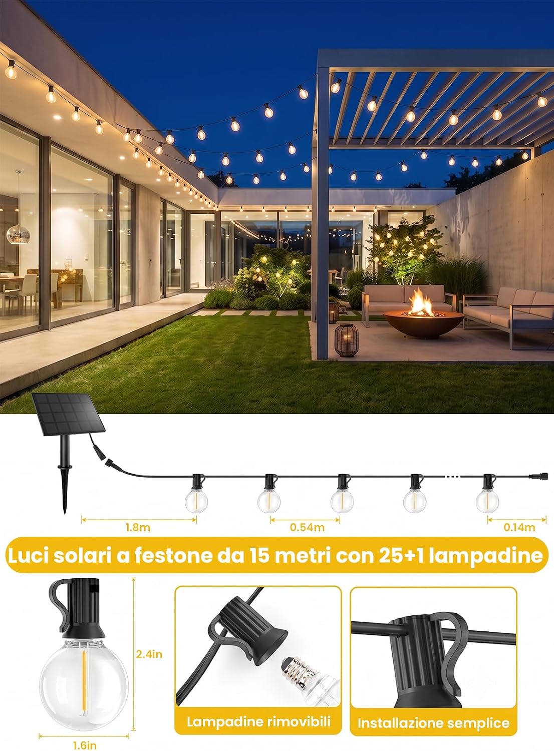Thumbnail 3 de Yuucio Catena Di Luci a Energia Solare per Esterni (15 m, 25+1 LED G40, IP45/IP65, 2700K) – Decorazione solare per giardino e feste