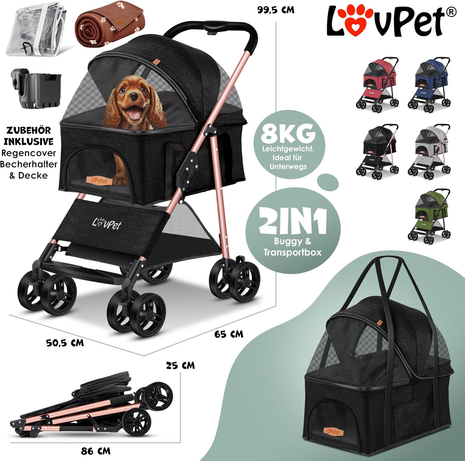 Thumbnail 6 de LOVPET® Hundewagen 2in1 als Hundebuggy & Hundebox, faltbar bis 20 kg, mit 360°-Drehrädern
