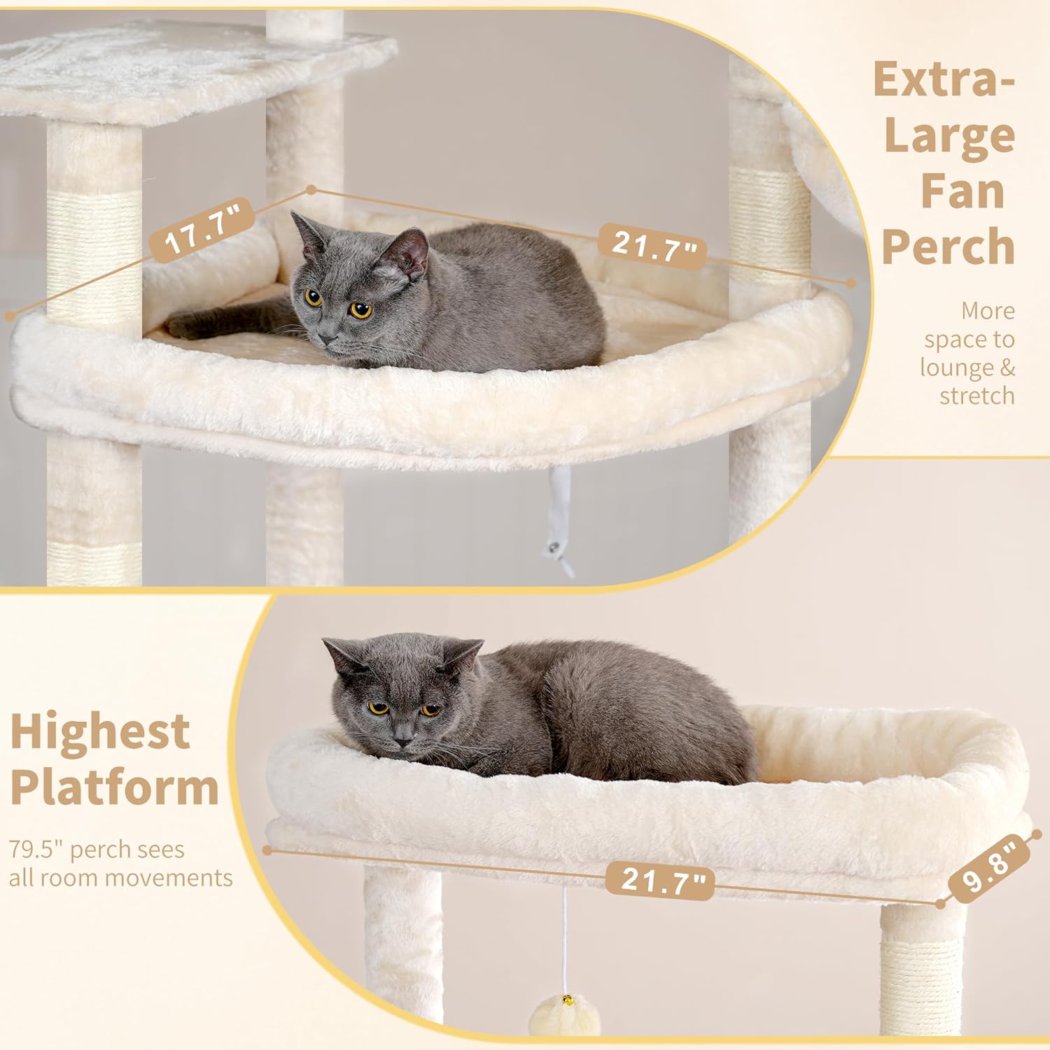 Detalle de Heybly Tall Cat Tree for Large Cats (202 cm) – Multi-Level Indoor Cat Tower with Large Baseboard, Two Plush Top Perches and Big Condo