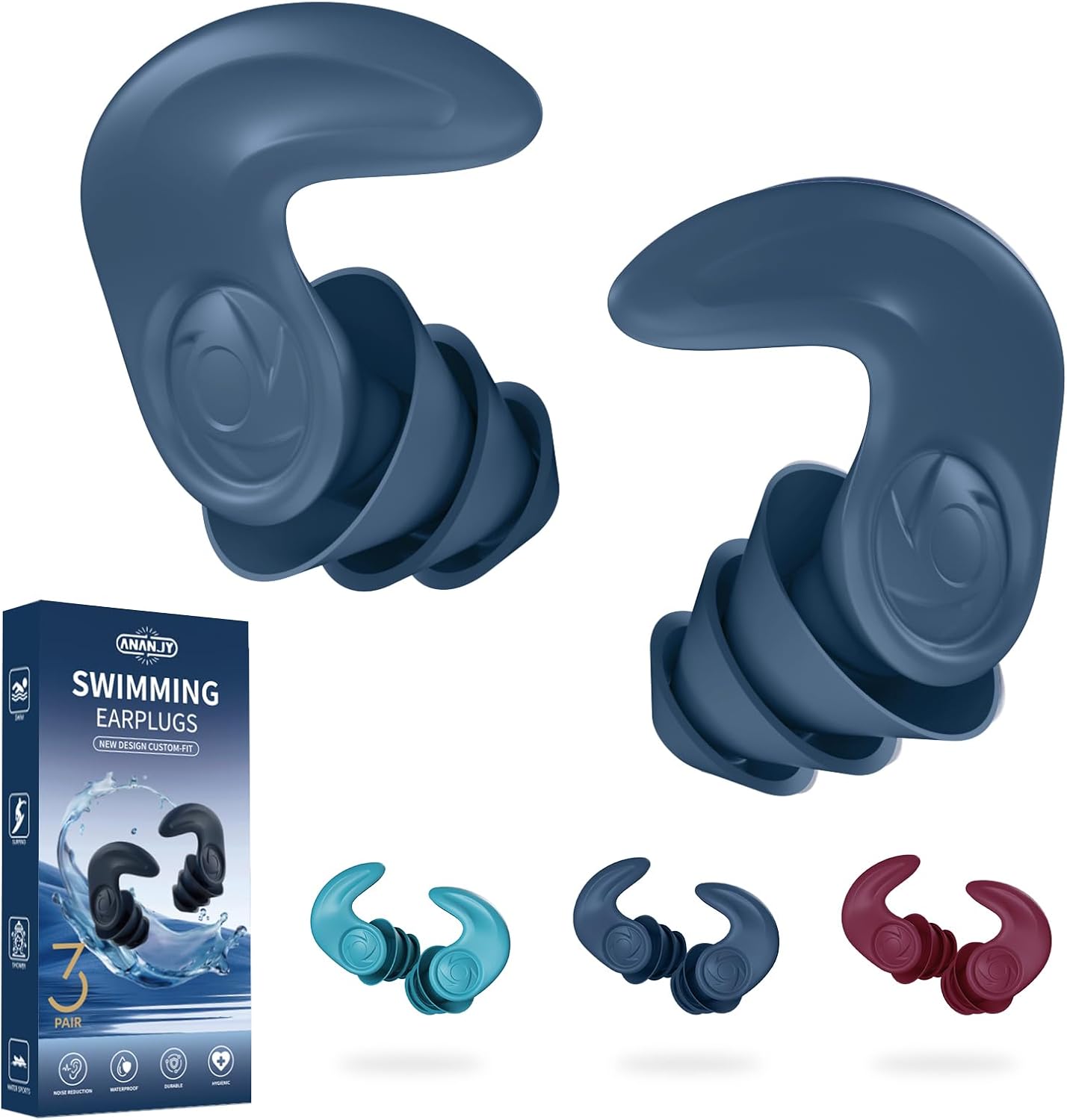 Detalle de Waterproof Swimming Ear Plugs for Adults – 3 Pairs of Reusable Soft Silicone Ear Protection