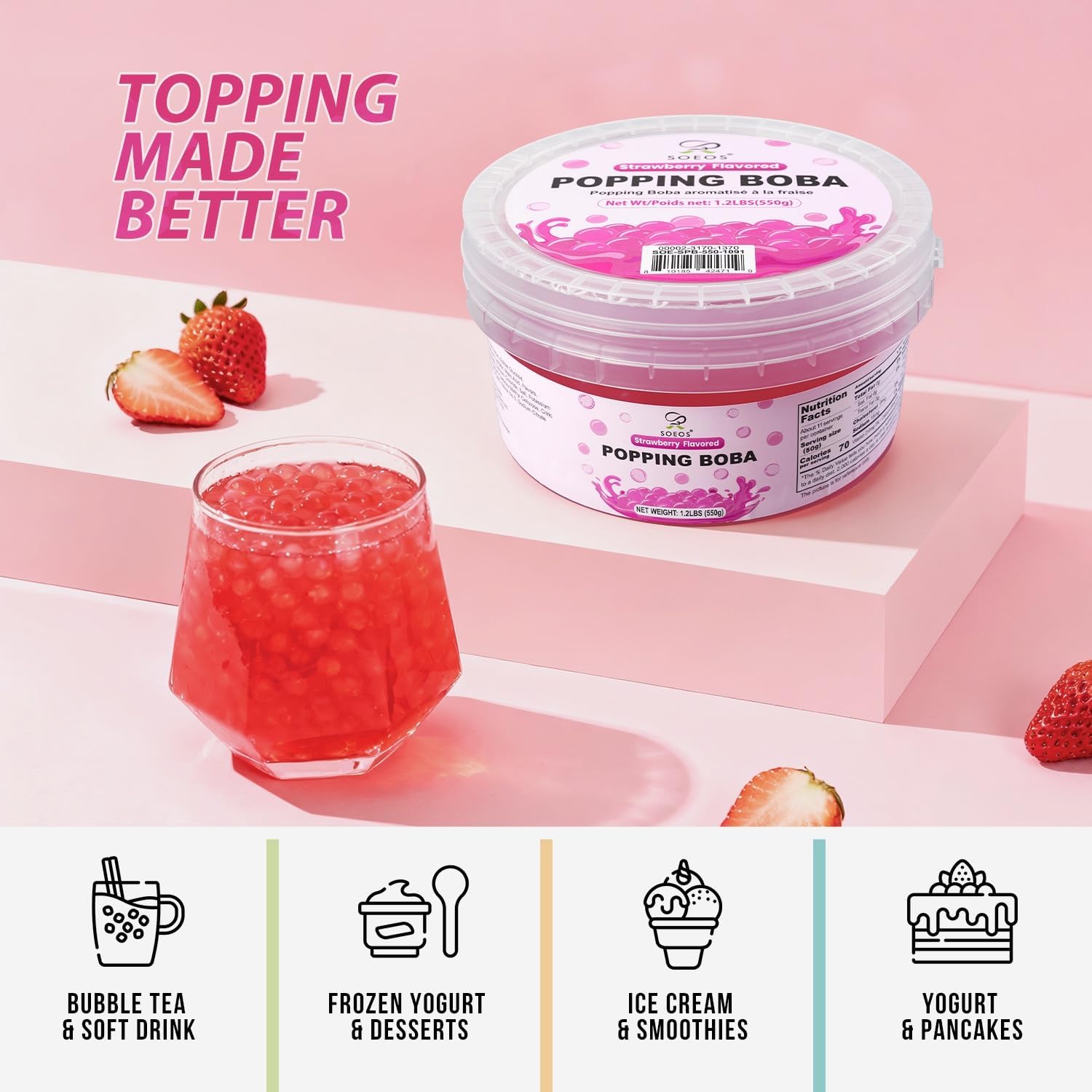 Detalle de Soeos Strawberry Popping Boba, 550g Bursting Pearls for Drinks and Desserts