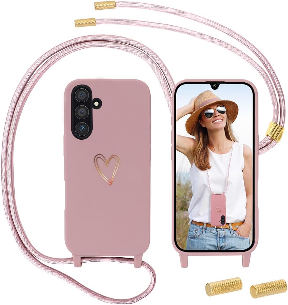 Detalle de Handykette mit Kordel für Samsung Galaxy A17 5G – Herzmuster Silikonhülle mit abnehmbarer Kette, rosa