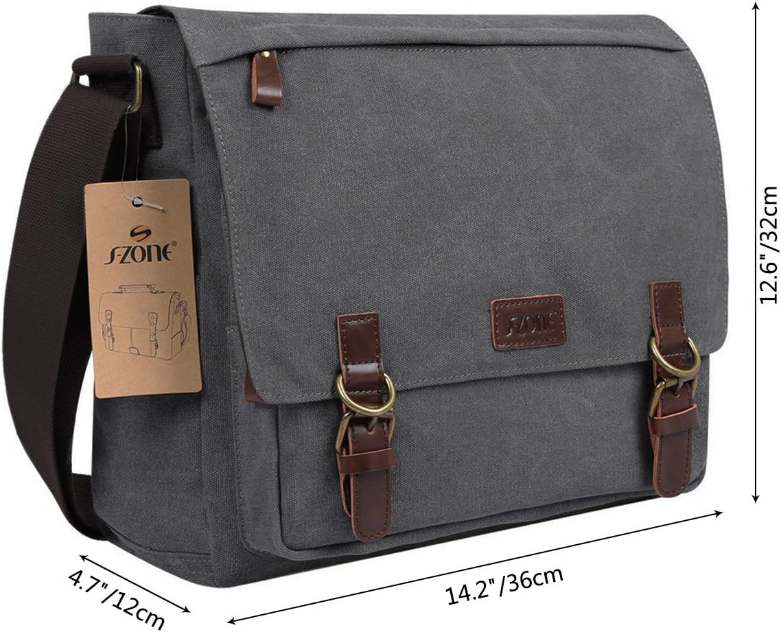 Thumbnail 6 de S-ZONE Homme sac à bandoulière 15,6 pouces en toile vintage : grand sac messager pour ordinateur portable