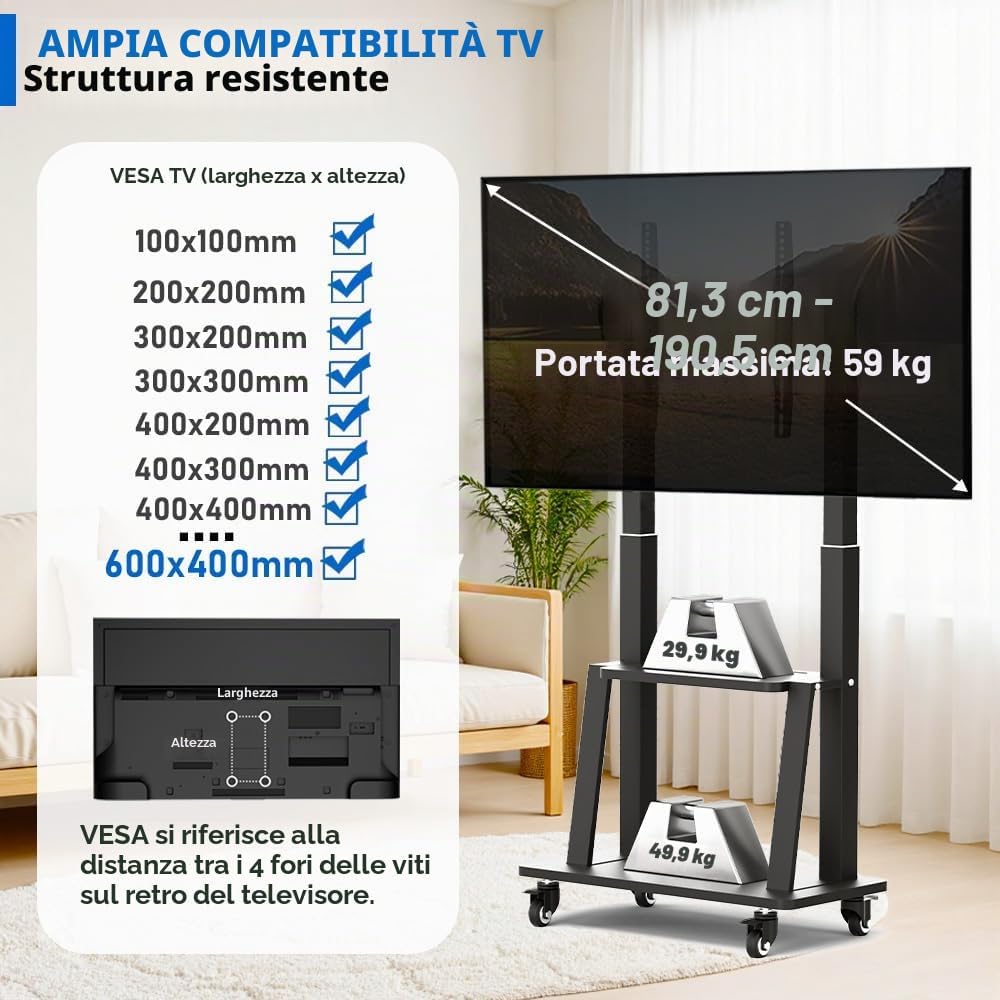 Detalle de Duiliuu Porta TV da Terra con Ruote: supporto mobile 32–75 pollici, robusto e regolabile
