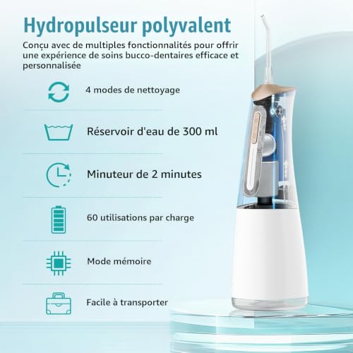 Detalle 2 de FlossJet, hydropulseur dentaire sans fil à 4 modes, réservoir 300 ml et IPX7