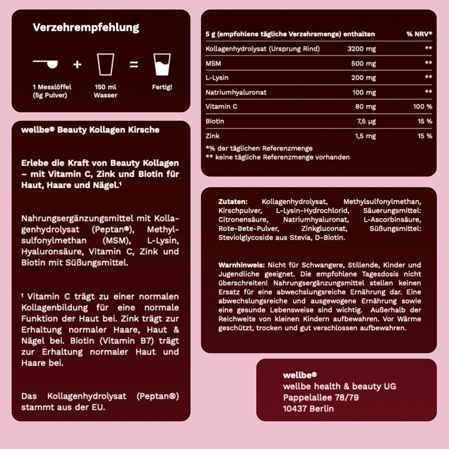 Thumbnail 6 de Wellbe Kollagen Pulver Kirsch – Hochdosierte Kollagen-Peptide mit Hyaluron, Biotin, Zink und Vitamin C (250 g) Made in Germany