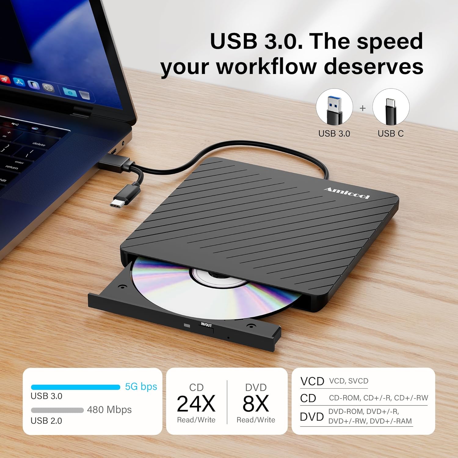 Detalle de Amicool Externes CD/DVD Laufwerk – USB-C/USB-A, Ultraflach 13 mm, Dual-Stromversorgung, kompatibel mit MacBook, Windows, Linux